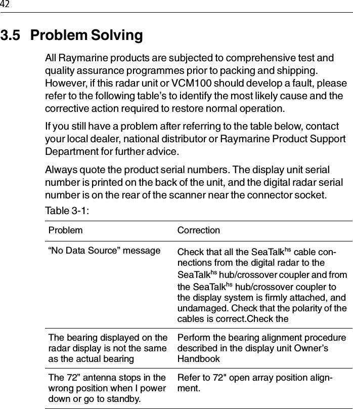 3.5 Problem SolvingAll Raymarine products are subjected to comprehensive test and quality assurance programmes prior to packing and shipping. However, if this radar unit or VCM100 should develop a fault, please refer to the following table’s to identify the most likely cause and the corrective action required to restore normal operation.If you still have a problem after referring to the table below, contact your local dealer, national distributor or Raymarine Product Support Department for further advice.Always quote the product serial numbers. The display unit serial number is printed on the back of the unit, and the digital radar serial number is on the rear of the scanner near the connector socket.Table 3-1:  Problem Correction“No Data Source” message Check that all the SeaTalkhs cable con-nections from the digital radar to the SeaTalkhs hub/crossover coupler and from the SeaTalkhs hub/crossover coupler to the display system is firmly attached, and undamaged. Check that the polarity of the cables is correct.Check the The bearing displayed on the radar display is not the same as the actual bearingPerform the bearing alignment procedure described in the display unit Owner’s Handbook The 72” antenna stops in the wrong position when I power down or go to standby.Refer to 72&quot; open array position align-ment.