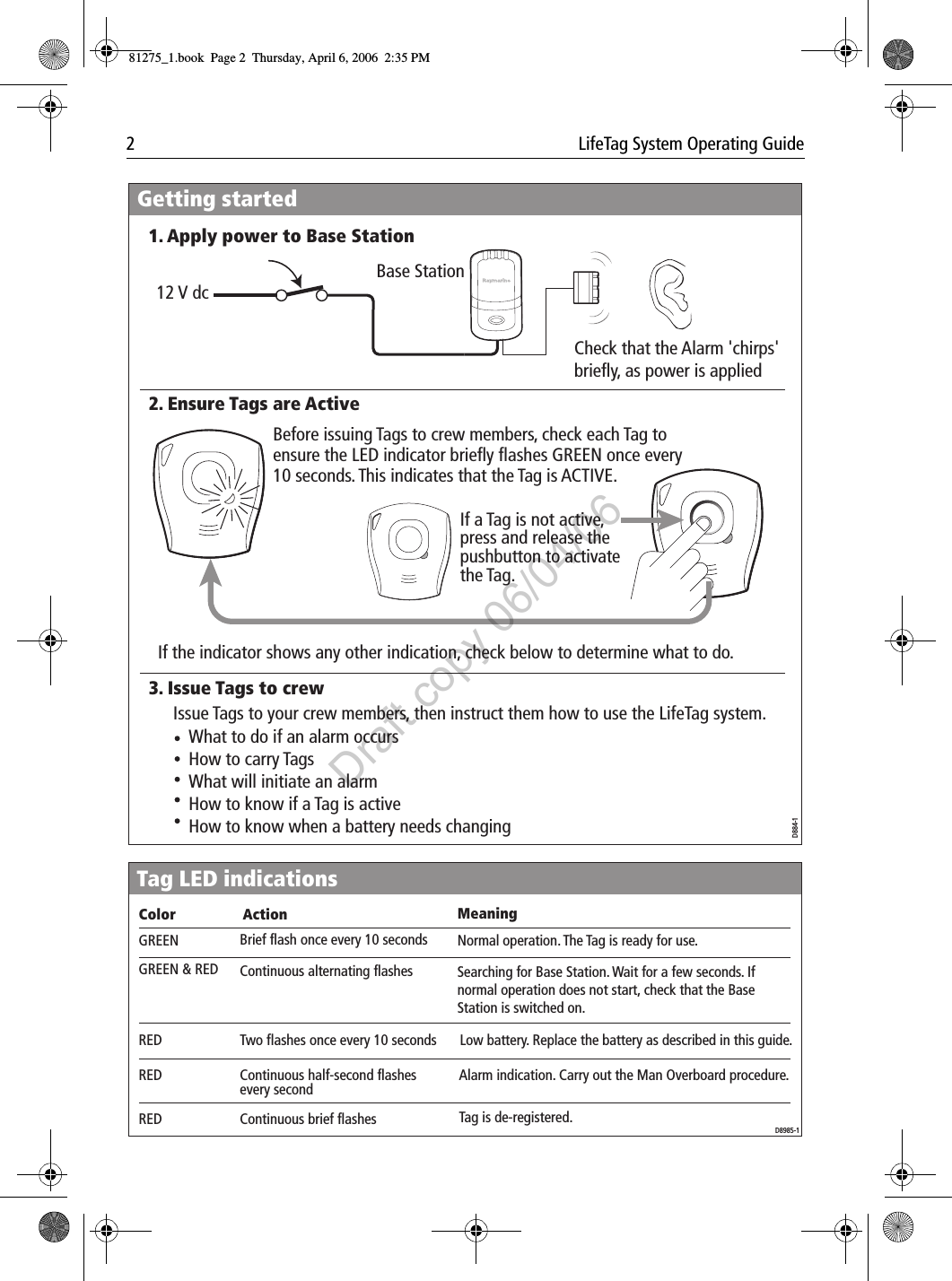 2  LifeTag System Operating Guide                          If a Tag is not active, press and release the pushbutton to activate the Tag.2. Ensure Tags are Active 1. Apply power to Base StationBase Station Getting startedBefore issuing Tags to crew members, check each Tag to ensure the LED indicator briefly flashes GREEN once every 10 seconds. This indicates that the Tag is ACTIVE.If the indicator shows any other indication, check below to determine what to do.12 V dcCheck that the Alarm &apos;chirps&apos; briefly, as power is appliedD884-13. Issue Tags to crewWhat to do if an alarm occursHow to carry TagsWhat will initiate an alarmHow to know if a Tag is activeHow to know when a battery needs changingIssue Tags to your crew members, then instruct them how to use the LifeTag system. Color Action MeaningSearching for Base Station. Wait for a few seconds. If normal operation does not start, check that the Base Station is switched on.Normal operation. The Tag is ready for use.Continuous half-second flashes every secondTwo flashes once every 10 secondsContinuous alternating flashesBrief flash once every 10 secondsGREEN GREEN &amp; RED RED REDLow battery. Replace the battery as described in this guide.Tag LED indicationsD8985-1Alarm indication. Carry out the Man Overboard procedure.Continuous brief flashesRED Tag is de-registered. 81275_1.book  Page 2  Thursday, April 6, 2006  2:35 PMDraft copy 06/04/06