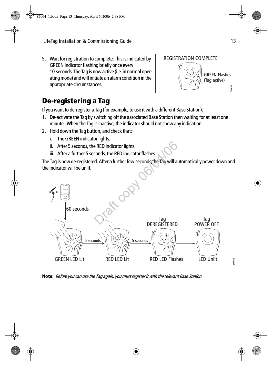  LifeTag Installation &amp; Commissioning Guide 13             De-registering a TagIf you want to de-register a Tag (for example, to use it with a different Base Station):1. De-activate the Tag by switching off the associated Base Station then waiting for at least one minute.. When the Tag is inactive, the indicator should not show any indication.2. Hold down the Tag button, and check that:i. The GREEN indicator lights.ii. After 5 seconds, the RED indicator lights.iii. After a further 5 seconds, the RED indicator flashes The Tag is now de-registered. After a further few seconds,the Tag will automatically power down and the indicator will be unlit.                                        Note:  Before you can use the Tag again, you must register it with the relevant Base Station.5. Wait for registration to complete. This is indicated by GREEN indicator flashing briefly once every 10 seconds. The Tag is now active (i.e. in normal oper-ating mode) and will initiate an alarm condition in the appropriate circumstances.            GREEN Flashes (Tag active)REGISTRATION COMPLETED9042-1RED LED LitGREEN LED LitTag DEREGISTEREDTag POWER OFFRED LED Flashes LED Unlit5 seconds 5 seconds60 secondsD9043-187064_1.book  Page 13  Thursday, April 6, 2006  2:38 PMDraft copy 06/04/06