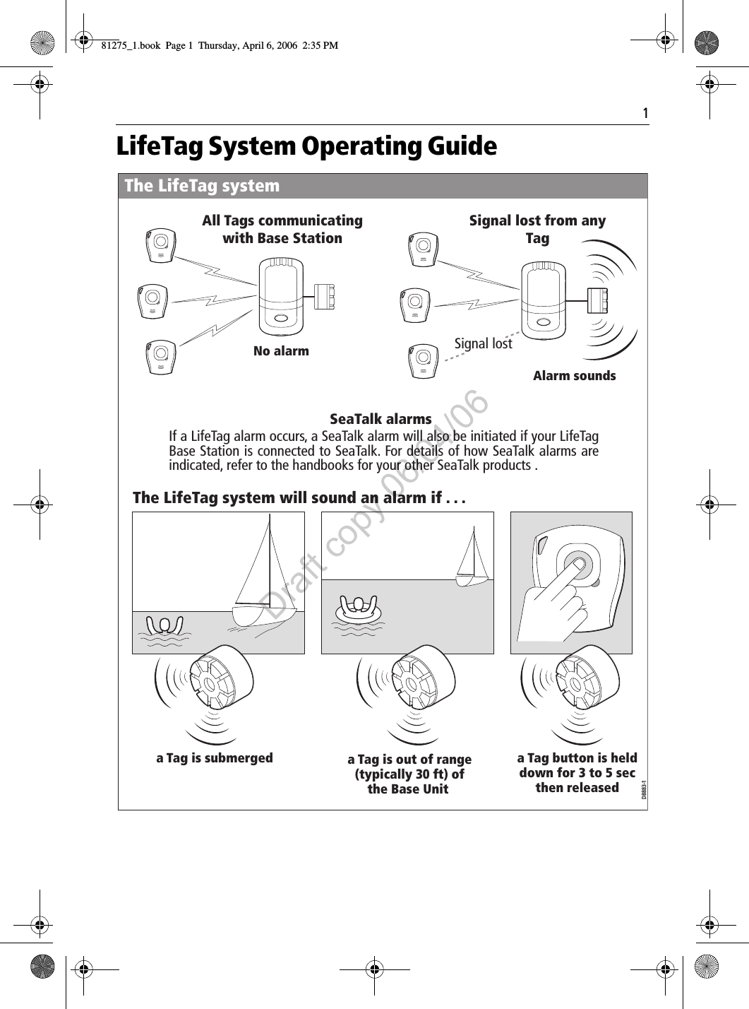 1LifeTag System Operating Guide            The LifeTag systemAll Tags communicating with Base StationNo alarmSignal lost from any TagAlarm soundsSignal losta Tag is submergedThe LifeTag system will sound an alarm if . . . D8883-1 a Tag button is held down for 3 to 5 sec then releaseda Tag is out of range (typically 30 ft) ofthe Base Unit SeaTalk alarmsIf a LifeTag alarm occurs, a SeaTalk alarm will also be initiated if your LifeTag Base Station is connected to SeaTalk. For details of how SeaTalk alarms are indicated, refer to the handbooks for your other SeaTalk products .81275_1.book  Page 1  Thursday, April 6, 2006  2:35 PMDraft copy 06/04/06