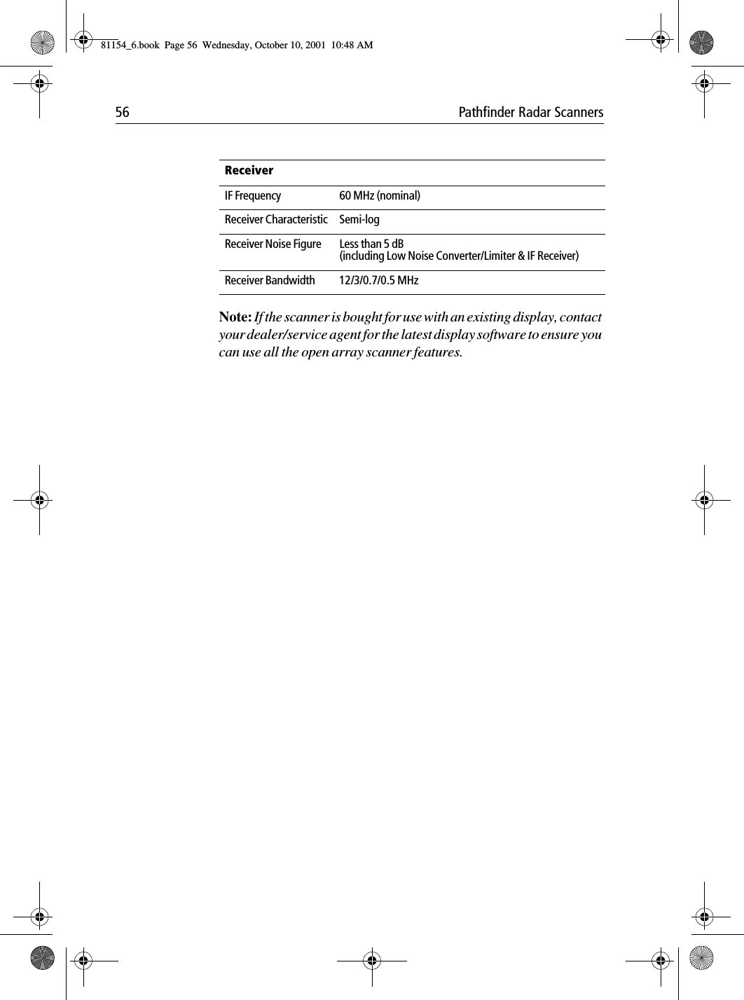 56 Pathfinder Radar ScannersNote: If the scanner is bought for use with an existing display, contact your dealer/service agent for the latest display software to ensure you can use all the open array scanner features.ReceiverIF Frequency 60 MHz (nominal)Receiver Characteristic Semi-logReceiver Noise Figure Less than 5 dB (including Low Noise Converter/Limiter &amp; IF Receiver)Receiver Bandwidth 12/3/0.7/0.5 MHz81154_6.book  Page 56  Wednesday, October 10, 2001  10:48 AM