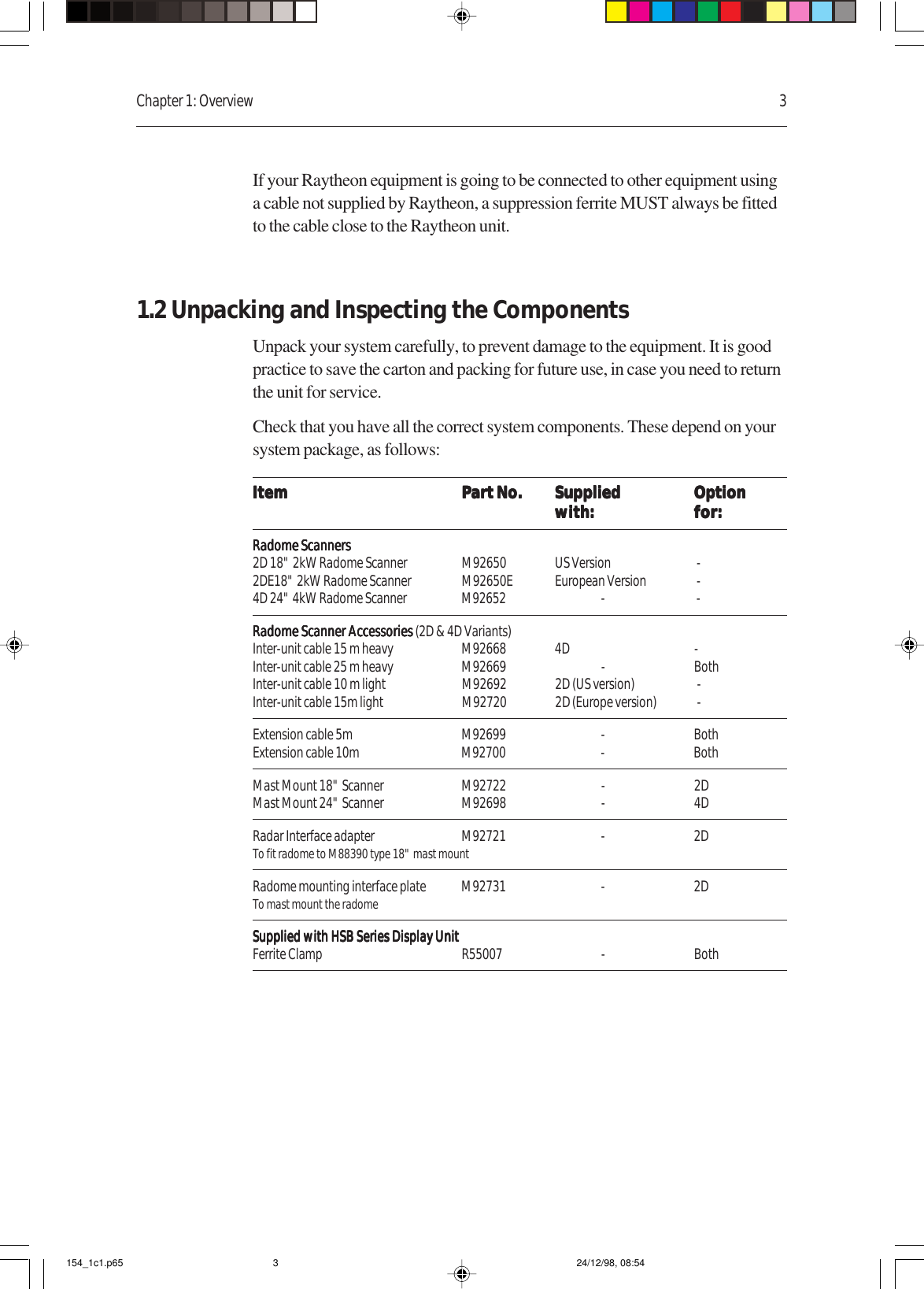 Chapter 1: Overview 3If your Raytheon equipment is going to be connected to other equipment usinga cable not supplied by Raytheon, a suppression ferrite MUST always be fittedto the cable close to the Raytheon unit.1.2 Unpacking and Inspecting the ComponentsUnpack your system carefully, to prevent damage to the equipment. It is goodpractice to save the carton and packing for future use, in case you need to returnthe unit for service.Check that you have all the correct system components. These depend on yoursystem package, as follows:ItemItemItemItemItem Part No.Part No.Part No.Part No.Part No. SuppliedSuppliedSuppliedSuppliedSupplied OptionOptionOptionOptionOptionwith:with:with:with:with: for:for:for:for:for:Radome ScannersRadome ScannersRadome ScannersRadome ScannersRadome Scanners2D 18&quot; 2kW Radome Scanner M92650 US Version  -2DE18&quot; 2kW Radome Scanner M92650E European Version  -4D 24&quot; 4kW Radome Scanner M92652 -  -Radome Scanner Accessories Radome Scanner Accessories Radome Scanner Accessories Radome Scanner Accessories Radome Scanner Accessories (2D &amp; 4D Variants)Inter-unit cable 15 m heavy M92668 4D -Inter-unit cable 25 m heavy M92669 - BothInter-unit cable 10 m light M92692 2D (US version)  -Inter-unit cable 15m light M92720 2D (Europe version)  -Extension cable 5m M92699 - BothExtension cable 10m M92700 - BothMast Mount 18&quot; Scanner M92722 - 2DMast Mount 24&quot; Scanner M92698 - 4DRadar Interface adapter M92721 - 2DTo fit radome to M88390 type 18&quot; mast mountRadome mounting interface plate M92731 - 2DTo mast mount the radomeSupplied with HSB Series Display UnitSupplied with HSB Series Display UnitSupplied with HSB Series Display UnitSupplied with HSB Series Display UnitSupplied with HSB Series Display UnitFerrite Clamp R55007 - Both154_1c1.p65 24/12/98, 08:543