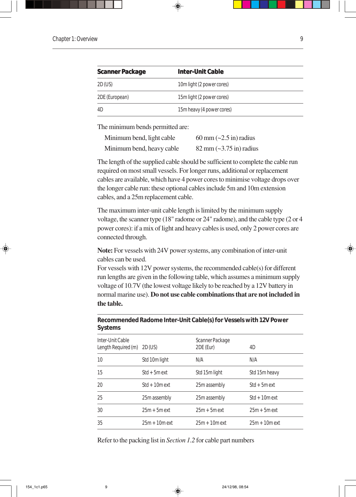 Chapter 1: Overview 9Scanner PackageScanner PackageScanner PackageScanner PackageScanner Package Inter-Unit CableInter-Unit CableInter-Unit CableInter-Unit CableInter-Unit Cable2D (US) 10m light (2 power cores)2DE (European) 15m light (2 power cores)4D 15m heavy (4 power cores)The minimum bends permitted are:Minimum bend, light cable 60 mm (~2.5 in) radiusMinimum bend, heavy cable 82 mm (~3.75 in) radiusThe length of the supplied cable should be sufficient to complete the cable runrequired on most small vessels. For longer runs, additional or replacementcables are available, which have 4 power cores to minimise voltage drops overthe longer cable run: these optional cables include 5m and 10m extensioncables, and a 25m replacement cable.The maximum inter-unit cable length is limited by the minimum supplyvoltage, the scanner type (18&quot; radome or 24&quot; radome), and the cable type (2 or 4power cores): if a mix of light and heavy cables is used, only 2 power cores areconnected through.Note: For vessels with 24V power systems, any combination of inter-unitcables can be used.For vessels with 12V power systems, the recommended cable(s) for differentrun lengths are given in the following table, which assumes a minimum supplyvoltage of 10.7V (the lowest voltage likely to be reached by a 12V battery innormal marine use). Do not use cable combinations that are not included inthe table.Recommended Radome Inter-Unit Cable(s) for Vessels with 12V PowerSystemsInter-Unit Cable Scanner PackageLength Required (m) 2D (US) 2DE (Eur) 4D10 Std 10m light N/A N/A15 Std + 5m ext Std 15m light Std 15m heavy20 Std + 10m ext 25m assembly Std + 5m ext25 25m assembly 25m assembly Std + 10m ext30 25m + 5m ext 25m + 5m ext 25m + 5m ext35 25m + 10m ext 25m + 10m ext 25m + 10m extRefer to the packing list in Section 1.2 for cable part numbers154_1c1.p65 24/12/98, 08:549