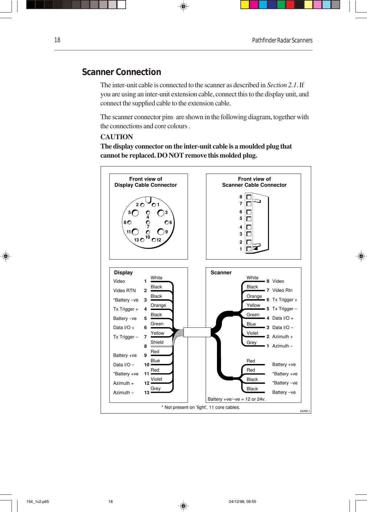 18 Pathfinder Radar ScannersScanner ConnectionThe inter-unit cable is connected to the scanner as described in Section 2.1. Ifyou are using an inter-unit extension cable, connect this to the display unit, andconnect the supplied cable to the extension cable.The scanner connector pins  are shown in the following diagram, together withthe connections and core colours .CAUTIONThe display connector on the inter-unit cable is a moulded plug thatcannot be replaced. DO NOT remove this molded plug.1235 47101186913 12WhiteBlackOrangeBlackBlackGreenYellowShieldRedRedVioletBlueGreyVideoVideo RTN*Battery --veTx Trigger +Battery --veData I/O +Tx Trigger --    Battery +veData I/O --*Battery +veAzimuth +Azimuth -- 1234567    8910111213WhiteBlackOrangeYellowGreenBlueViolet    GreyRedRedBlackBlack 8765432    1VideoVideo RtnTx Trigger +Tx Trigger --Data I/O +Data I/O --Azimuth +    Azimuth --Battery +ve*Battery +ve*Battery --veBattery --ve D4290-1Front view ofDisplay Cable Connector Front view ofScanner Cable Connector2 14 36 58 7Display Scanner* Not present on &apos;light&apos;, 11 core cables.   Battery +ve/--ve = 12 or 24v.154_1c2.p65 24/12/98, 08:5518