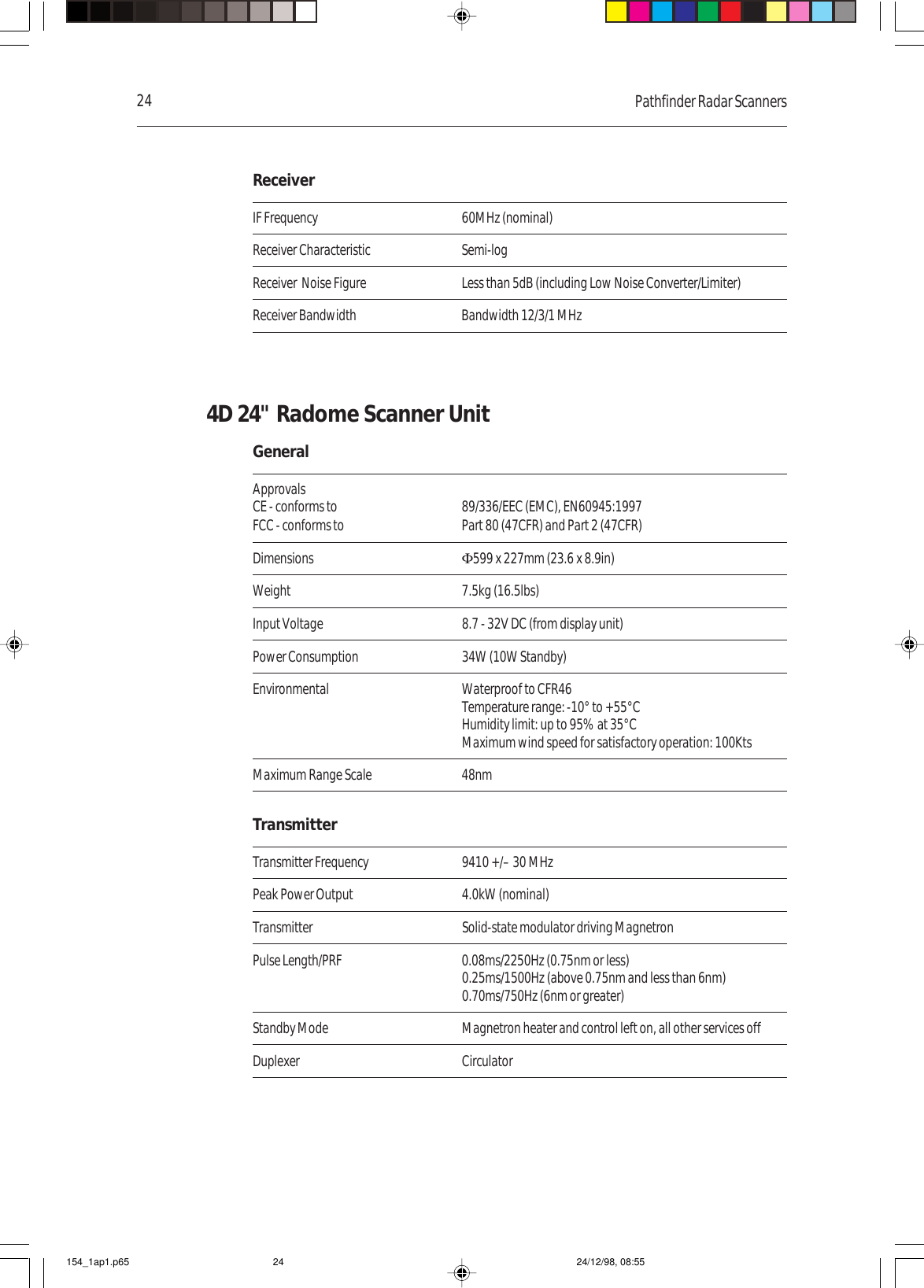 24 Pathfinder Radar ScannersReceiverIF Frequency 60MHz (nominal)Receiver Characteristic Semi-logReceiver  Noise Figure Less than 5dB (including Low Noise Converter/Limiter)Receiver Bandwidth Bandwidth 12/3/1 MHz4D 24&quot; Radome Scanner UnitGeneralApprovalsCE - conforms to 89/336/EEC (EMC), EN60945:1997FCC - conforms to Part 80 (47CFR) and Part 2 (47CFR)Dimensions Φ599 x 227mm (23.6 x 8.9in)Weight 7.5kg (16.5lbs)Input Voltage 8.7 - 32V DC (from display unit)Power Consumption 34W (10W Standby)Environmental Waterproof to CFR46Temperature range: -10° to +55°CHumidity limit: up to 95% at 35°CMaximum wind speed for satisfactory operation: 100KtsMaximum Range Scale 48nmTransmitterTransmitter Frequency 9410 +/– 30 MHzPeak Power Output 4.0kW (nominal)Transmitter Solid-state modulator driving MagnetronPulse Length/PRF 0.08ms/2250Hz (0.75nm or less)0.25ms/1500Hz (above 0.75nm and less than 6nm)0.70ms/750Hz (6nm or greater)Standby Mode Magnetron heater and control left on, all other services offDuplexer Circulator154_1ap1.p65 24/12/98, 08:5524