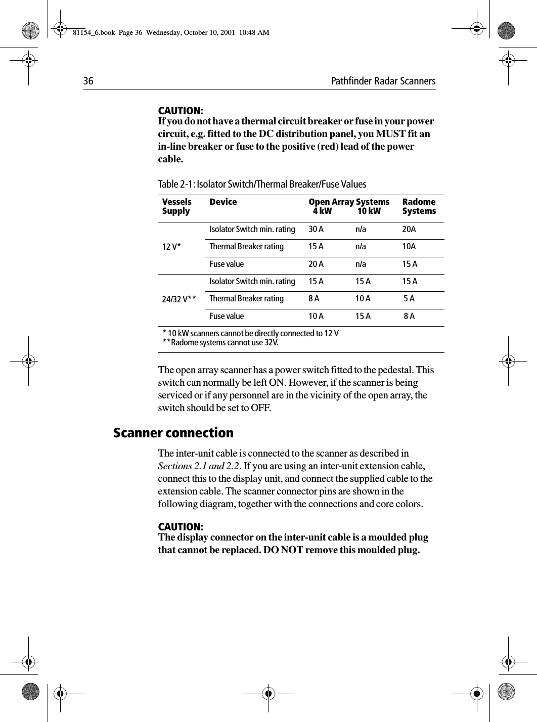 36 Pathfinder Radar ScannersCAUTION:If you do not have a thermal circuit breaker or fuse in your power circuit, e.g. fitted to the DC distribution panel, you MUST fit an in-line breaker or fuse to the positive (red) lead of the power cable.The open array scanner has a power switch fitted to the pedestal. This switch can normally be left ON. However, if the scanner is being serviced or if any personnel are in the vicinity of the open array, the switch should be set to OFF.Scanner connectionThe inter-unit cable is connected to the scanner as described in Sections 2.1 and 2.2. If you are using an inter-unit extension cable, connect this to the display unit, and connect the supplied cable to the extension cable. The scanner connector pins are shown in the following diagram, together with the connections and core colors.CAUTION:The display connector on the inter-unit cable is a moulded plug that cannot be replaced. DO NOT remove this moulded plug.Table 2-1: Isolator Switch/Thermal Breaker/Fuse ValuesVesselsSupplyDevice Open Array Systems4 kW 10 kWRadomeSystems12 V*Isolator Switch min. rating 30 A n/a 20AThermal Breaker rating 15 A n/a 10AFuse value 20 A n/a 15 A24/32 V**Isolator Switch min. rating 15 A 15 A 15 AThermal Breaker rating 8 A 10 A  5 AFuse value 10 A 15 A  8 A * 10 kW scanners cannot be directly connected to 12 V    **Radome systems cannot use 32V.81154_6.book  Page 36  Wednesday, October 10, 2001  10:48 AM