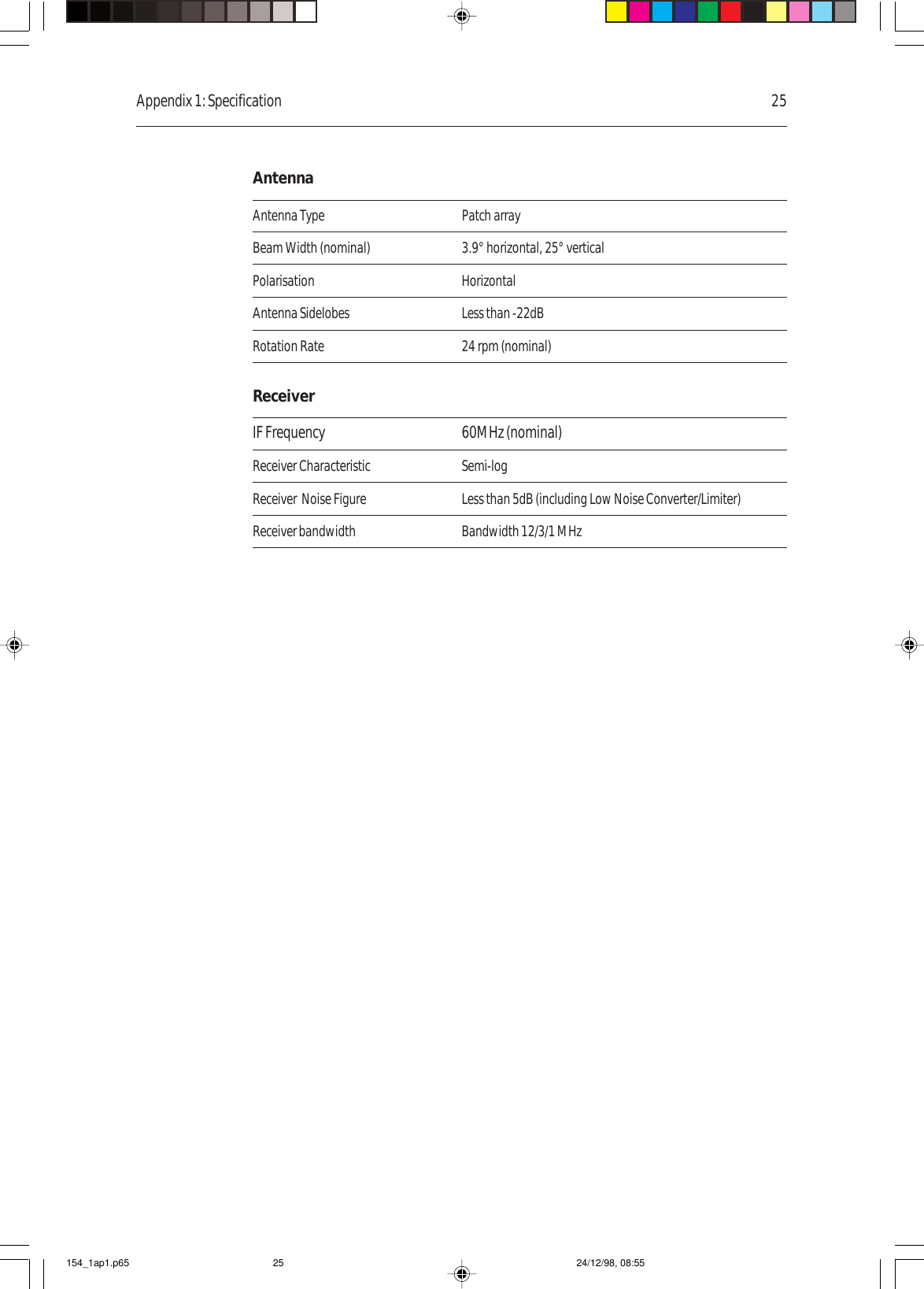 Appendix 1: Specification 25AntennaAntenna Type Patch arrayBeam Width (nominal) 3.9° horizontal, 25° verticalPolarisation HorizontalAntenna Sidelobes Less than -22dBRotation Rate 24 rpm (nominal)ReceiverIF Frequency 60MHz (nominal)Receiver Characteristic Semi-logReceiver  Noise Figure Less than 5dB (including Low Noise Converter/Limiter)Receiver bandwidth Bandwidth 12/3/1 MHz154_1ap1.p65 24/12/98, 08:5525