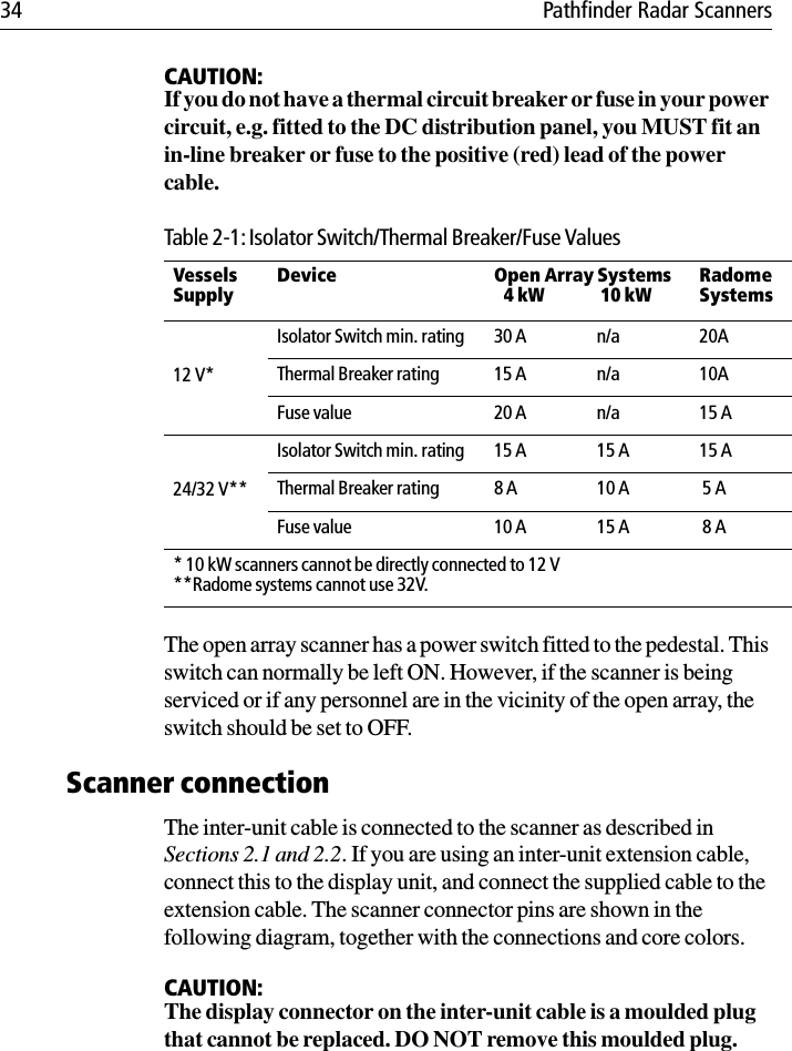 34 Pathfinder Radar ScannersCAUTION:If you do not have a thermal circuit breaker or fuse in your power circuit, e.g. fitted to the DC distribution panel, you MUST fit an in-line breaker or fuse to the positive (red) lead of the power cable.The open array scanner has a power switch fitted to the pedestal. This switch can normally be left ON. However, if the scanner is being serviced or if any personnel are in the vicinity of the open array, the switch should be set to OFF.Scanner connectionThe inter-unit cable is connected to the scanner as described in Sections 2.1 and 2.2. If you are using an inter-unit extension cable, connect this to the display unit, and connect the supplied cable to the extension cable. The scanner connector pins are shown in the following diagram, together with the connections and core colors.CAUTION:The display connector on the inter-unit cable is a moulded plug that cannot be replaced. DO NOT remove this moulded plug.Table 2-1: Isolator Switch/Thermal Breaker/Fuse ValuesVesselsSupplyDevice Open Array Systems4 kW 10 kWRadomeSystems12 V*Isolator Switch min. rating 30 A n/a 20AThermal Breaker rating 15 A n/a 10AFuse value 20 A n/a 15 A24/32 V**Isolator Switch min. rating 15 A 15 A 15 AThermal Breaker rating 8 A 10 A  5 AFuse value 10 A 15 A  8 A * 10 kW scanners cannot be directly connected to 12 V    **Radome systems cannot use 32V.