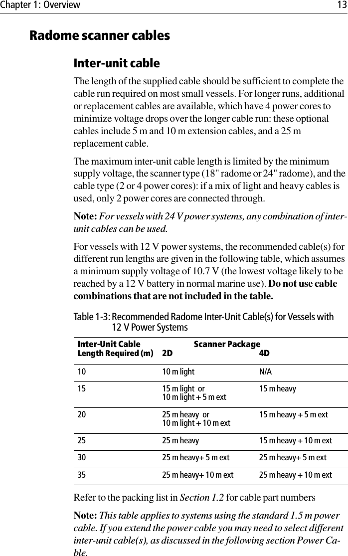 Chapter 1: Overview 13Radome scanner cablesInter-unit cableThe length of the supplied cable should be sufficient to complete the cable run required on most small vessels. For longer runs, additional or replacement cables are available, which have 4 power cores to minimize voltage drops over the longer cable run: these optional cables include 5 m and 10 m extension cables, and a 25 m replacement cable.The maximum inter-unit cable length is limited by the minimum supply voltage, the scanner type (18&quot; radome or 24&quot; radome), and the cable type (2 or 4 power cores): if a mix of light and heavy cables is used, only 2 power cores are connected through.Note: For vessels with 24 V power systems, any combination of inter-unit cables can be used.For vessels with 12 V power systems, the recommended cable(s) for different run lengths are given in the following table, which assumes a minimum supply voltage of 10.7 V (the lowest voltage likely to be reached by a 12 V battery in normal marine use). Do not use cable combinations that are not included in the table.             Refer to the packing list in Section 1.2 for cable part numbersNote: This table applies to systems using the standard 1.5 m power cable. If you extend the power cable you may need to select different inter-unit cable(s), as discussed in the following section Power Ca-ble.Table 1-3: Recommended Radome Inter-Unit Cable(s) for Vessels with 12 V Power SystemsInter-Unit CableLength Required (m)Scanner Package2D 4D10 10 m light N/A15 15 m light  or10 m light + 5 m ext15 m heavy20 25 m heavy  or 10 m light + 10 m ext15 m heavy + 5 m ext25 25 m heavy 15 m heavy + 10 m ext30 25 m heavy+ 5 m ext 25 m heavy+ 5 m ext35 25 m heavy+ 10 m ext 25 m heavy + 10 m ext 