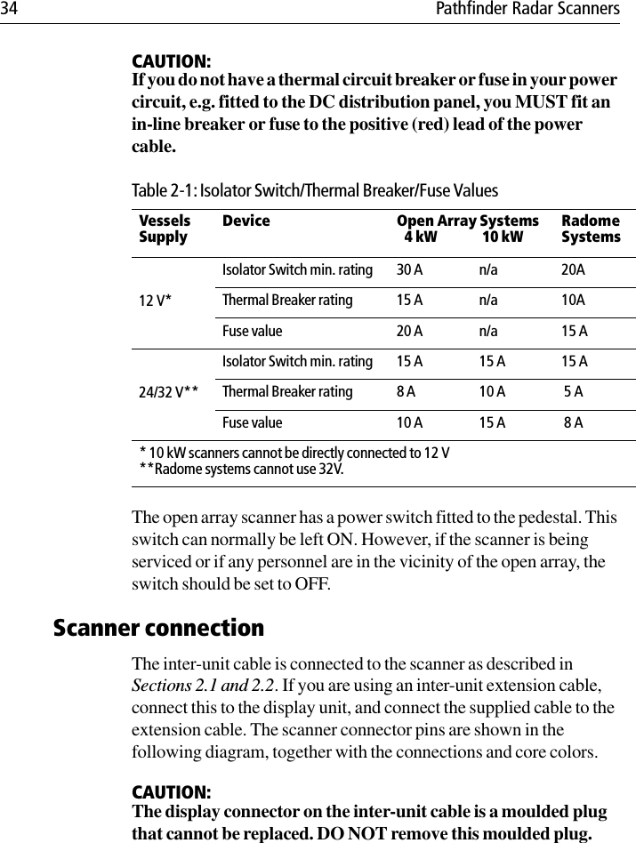 34 Pathfinder Radar ScannersCAUTION:If you do not have a thermal circuit breaker or fuse in your power circuit, e.g. fitted to the DC distribution panel, you MUST fit an in-line breaker or fuse to the positive (red) lead of the power cable.The open array scanner has a power switch fitted to the pedestal. This switch can normally be left ON. However, if the scanner is being serviced or if any personnel are in the vicinity of the open array, the switch should be set to OFF.Scanner connectionThe inter-unit cable is connected to the scanner as described in Sections 2.1 and 2.2. If you are using an inter-unit extension cable, connect this to the display unit, and connect the supplied cable to the extension cable. The scanner connector pins are shown in the following diagram, together with the connections and core colors.CAUTION:The display connector on the inter-unit cable is a moulded plug that cannot be replaced. DO NOT remove this moulded plug.Table 2-1: Isolator Switch/Thermal Breaker/Fuse ValuesVesselsSupplyDevice Open Array Systems4 kW 10 kWRadomeSystems12 V*Isolator Switch min. rating 30 A n/a 20AThermal Breaker rating 15 A n/a 10AFuse value 20 A n/a 15 A24/32 V**Isolator Switch min. rating 15 A 15 A 15 AThermal Breaker rating 8 A 10 A  5 AFuse value 10 A 15 A  8 A * 10 kW scanners cannot be directly connected to 12 V    **Radome systems cannot use 32V.