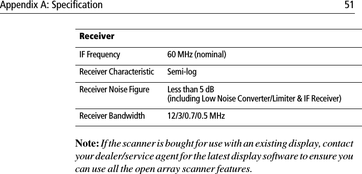 Appendix A: Specification 51Note: If the scanner is bought for use with an existing display, contact your dealer/service agent for the latest display software to ensure you can use all the open array scanner features.ReceiverIF Frequency 60 MHz (nominal)Receiver Characteristic Semi-logReceiver Noise Figure Less than 5 dB (including Low Noise Converter/Limiter &amp; IF Receiver)Receiver Bandwidth 12/3/0.7/0.5 MHz