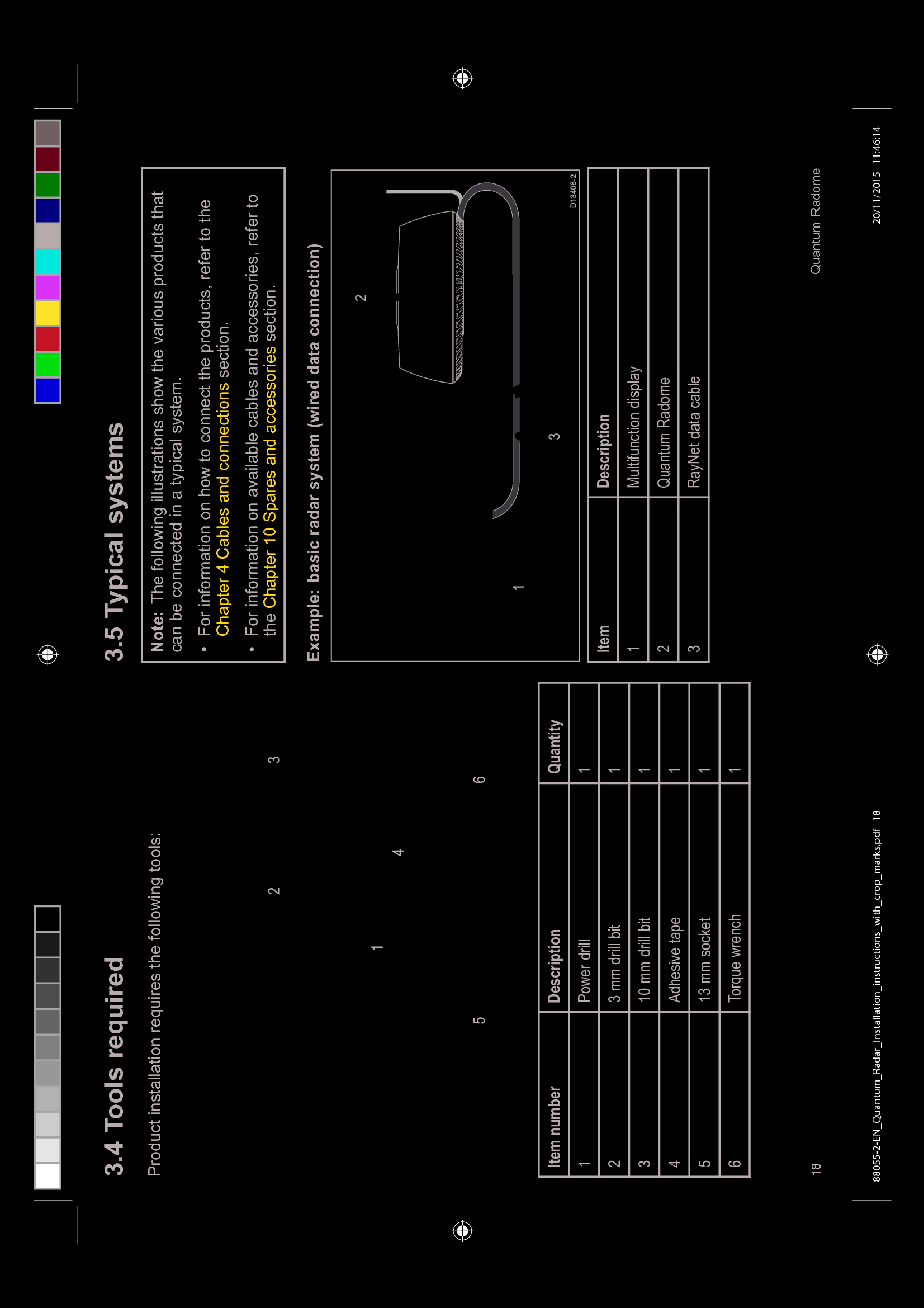  7RROV UHTXLUHG3URGXFW LQVWDOODWLRQ UHTXLUHV WKH IROORZLQJ WRROV,WHP QXPEHU &apos;HVFULSWLRQ 4XDQWLW\ 3RZHU GULOO   PP GULOO ELW   PP GULOO ELW  $GKHVLYH WDSH  PP VRFNHW  7RUTXH ZUHQFK  7\SLFDO V\VWHPV1RWH 7KH IROORZLQJ LOOXVWUDWLRQV VKRZ WKH YDULRXV SURGXFWV WKDWFDQ EH FRQQHFWHG LQ D W\SLFDO V\VWHP )RU LQIRUPDWLRQ RQ KRZ WR FRQQHFW WKH SURGXFWV UHIHU WR WKH&amp;KDSWHU  &amp;DEOHV DQG FRQQHFWLRQV VHFWLRQ )RU LQIRUPDWLRQ RQ DYDLODEOH FDEOHV DQG DFFHVVRULHV UHIHU WRWKH &amp;KDSWHU  6SDUHV DQG DFFHVVRULHV VHFWLRQ([DPSOH EDVLF UDGDU V\VWHP ZLUHG GDWD FRQQHFWLRQ,WHP &apos;HVFULSWLRQ0XOWLIXQFWLRQ GLVSOD\4XDQWXP 5DGRPH 5D\1HW GDWD FDEOH 4XDQWXP 5DGRPH88055-2-EN_Quantum_Radar_Installation_instructions_with_crop_marks.pdf   18 20/11/2015   11:46:14