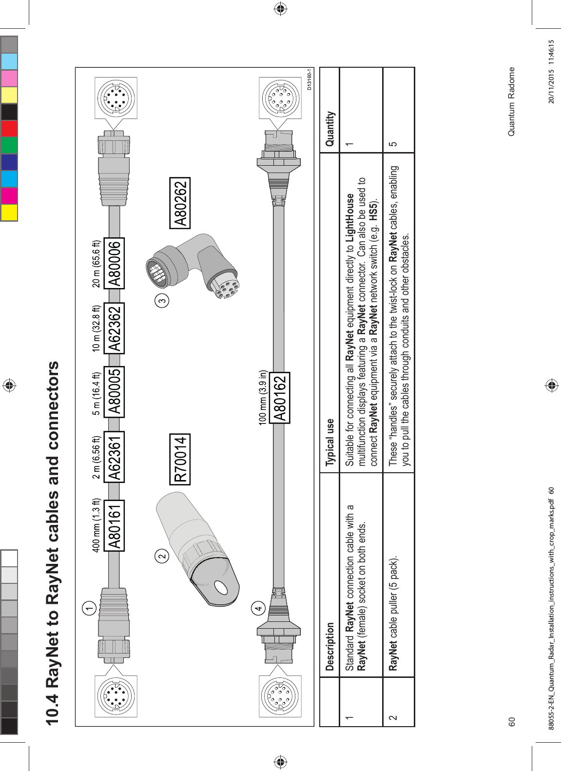  5D\1HW WR 5D\1HW FDEOHV DQG FRQQHFWRUV&apos;HVFULSWLRQ 7\SLFDO XVH 4XDQWLW\6WDQGDUG 5D\1HW FRQQHFWLRQ FDEOH ZLWK D5D\1HW IHPDOH VRFNHW RQ ERWK HQGV6XLWDEOH IRU FRQQHFWLQJ DOO 5D\1HW HTXLSPHQW GLUHFWO\ WR /LJKW+RXVHPXOWLIXQFWLRQ GLVSOD\V IHDWXULQJ D 5D\1HW FRQQHFWRU &amp;DQ DOVR EH XVHG WRFRQQHFW 5D\1HW HTXLSPHQW YLD D 5D\1HW QHWZRUN VZLWFK HJ +65D\1HW FDEOH SXOOHU  SDFN 7KHVH ³KDQGOHV´ VHFXUHO\ DWWDFK WR WKH WZLVWORFN RQ 5D\1HW FDEOHV HQDEOLQJ\RX WR SXOO WKH FDEOHV WKURXJK FRQGXLWV DQG RWKHU REVWDFOHV 4XDQWXP 5DGRPH88055-2-EN_Quantum_Radar_Installation_instructions_with_crop_marks.pdf   60 20/11/2015   11:46:15