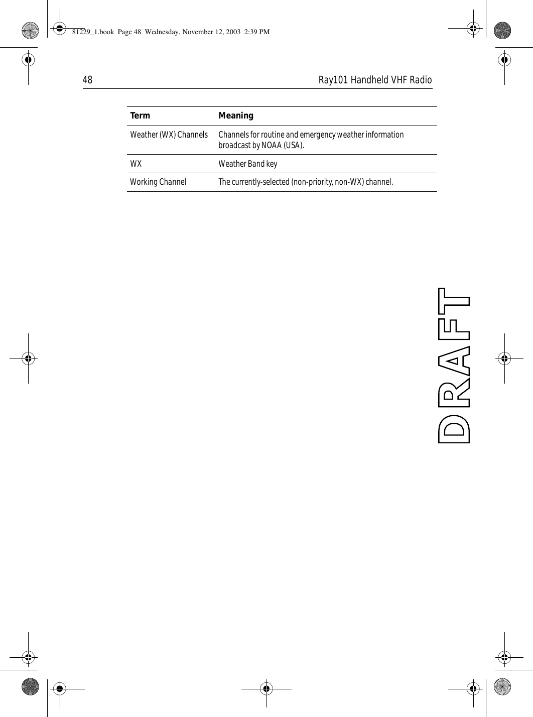 48 Ray101 Handheld VHF RadioWeather (WX) Channels Channels for routine and emergency weather information broadcast by NOAA (USA).WX Weather Band keyWorking Channel  The currently-selected (non-priority, non-WX) channel.Term Meaning81229_1.book  Page 48  Wednesday, November 12, 2003  2:39 PM
