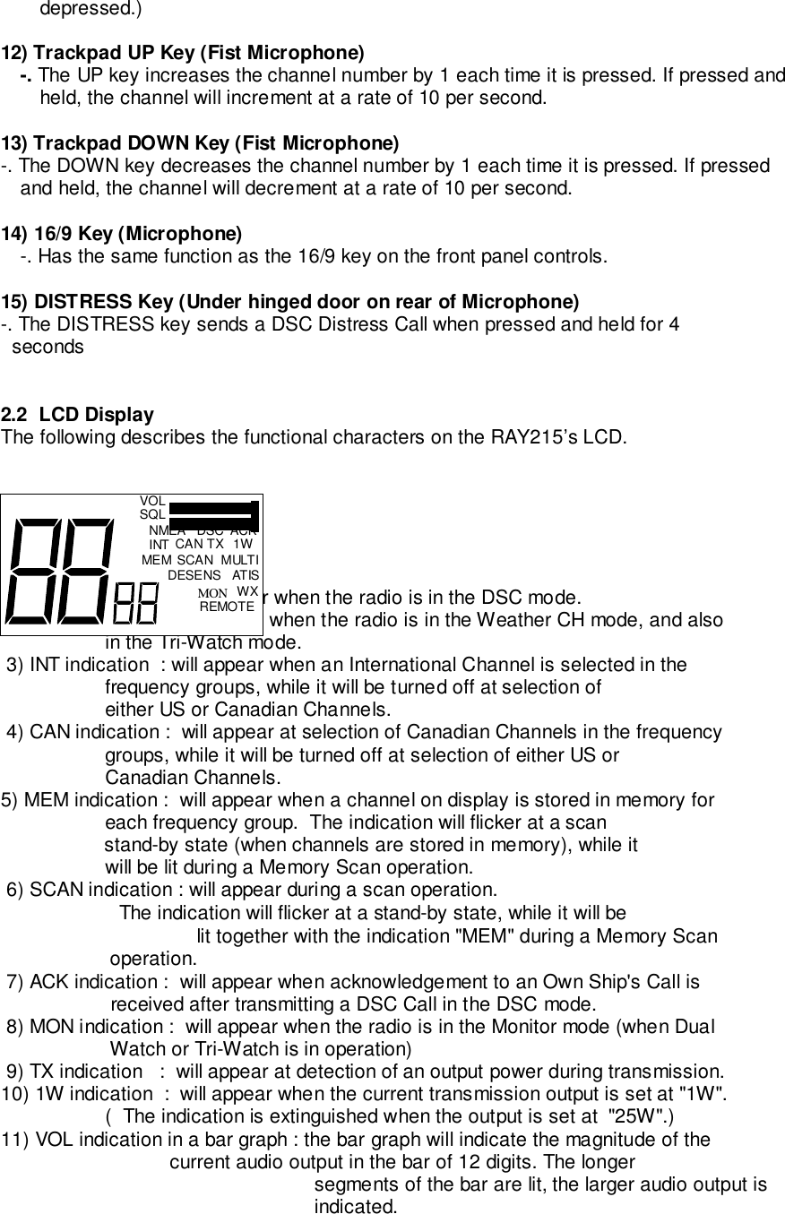        depressed.)12) Trackpad UP Key (Fist Microphone)-. The UP key increases the channel number by 1 each time it is pressed. If pressed andheld, the channel will increment at a rate of 10 per second.13) Trackpad DOWN Key (Fist Microphone)-. The DOWN key decreases the channel number by 1 each time it is pressed. If pressedand held, the channel will decrement at a rate of 10 per second.14) 16/9 Key (Microphone)-. Has the same function as the 16/9 key on the front panel controls.15) DISTRESS Key (Under hinged door on rear of Microphone)-. The DISTRESS key sends a DSC Distress Call when pressed and held for 4  seconds2.2  LCD DisplayThe following describes the functional characters on the RAY215’s LCD.1) DSC indication :  will appear when the radio is in the DSC mode. 2) WX indication  : will appear when the radio is in the Weather CH mode, and also                   in the Tri-Watch mode. 3) INT indication  : will appear when an International Channel is selected in the                   frequency groups, while it will be turned off at selection of                   either US or Canadian Channels. 4) CAN indication :  will appear at selection of Canadian Channels in the frequency                   groups, while it will be turned off at selection of either US or                   Canadian Channels.5) MEM indication :  will appear when a channel on display is stored in memory for                   each frequency group.  The indication will flicker at a scan                   stand-by state (when channels are stored in memory), while it                   will be lit during a Memory Scan operation. 6) SCAN indication : will appear during a scan operation.The indication will flicker at a stand-by state, while it will belit together with the indication &quot;MEM&quot; during a Memory Scan                    operation. 7) ACK indication :  will appear when acknowledgement to an Own Ship&apos;s Call is                    received after transmitting a DSC Call in the DSC mode. 8) MON indication :  will appear when the radio is in the Monitor mode (when Dual                    Watch or Tri-Watch is in operation) 9) TX indication   :  will appear at detection of an output power during transmission.10) 1W indication  :  will appear when the current transmission output is set at &quot;1W&quot;.                   (  The indication is extinguished when the output is set at  &quot;25W&quot;.)11) VOL indication in a bar graph : the bar graph will indicate the magnitude of the                               current audio output in the bar of 12 digits. The longersegments of the bar are lit, the larger audio output isindicated.NMEAWXVOLSQLΜ  Ο  ΝMEM SCANDSC A C KTXCANINT 1WMULTIDESENS ATISREMOTE