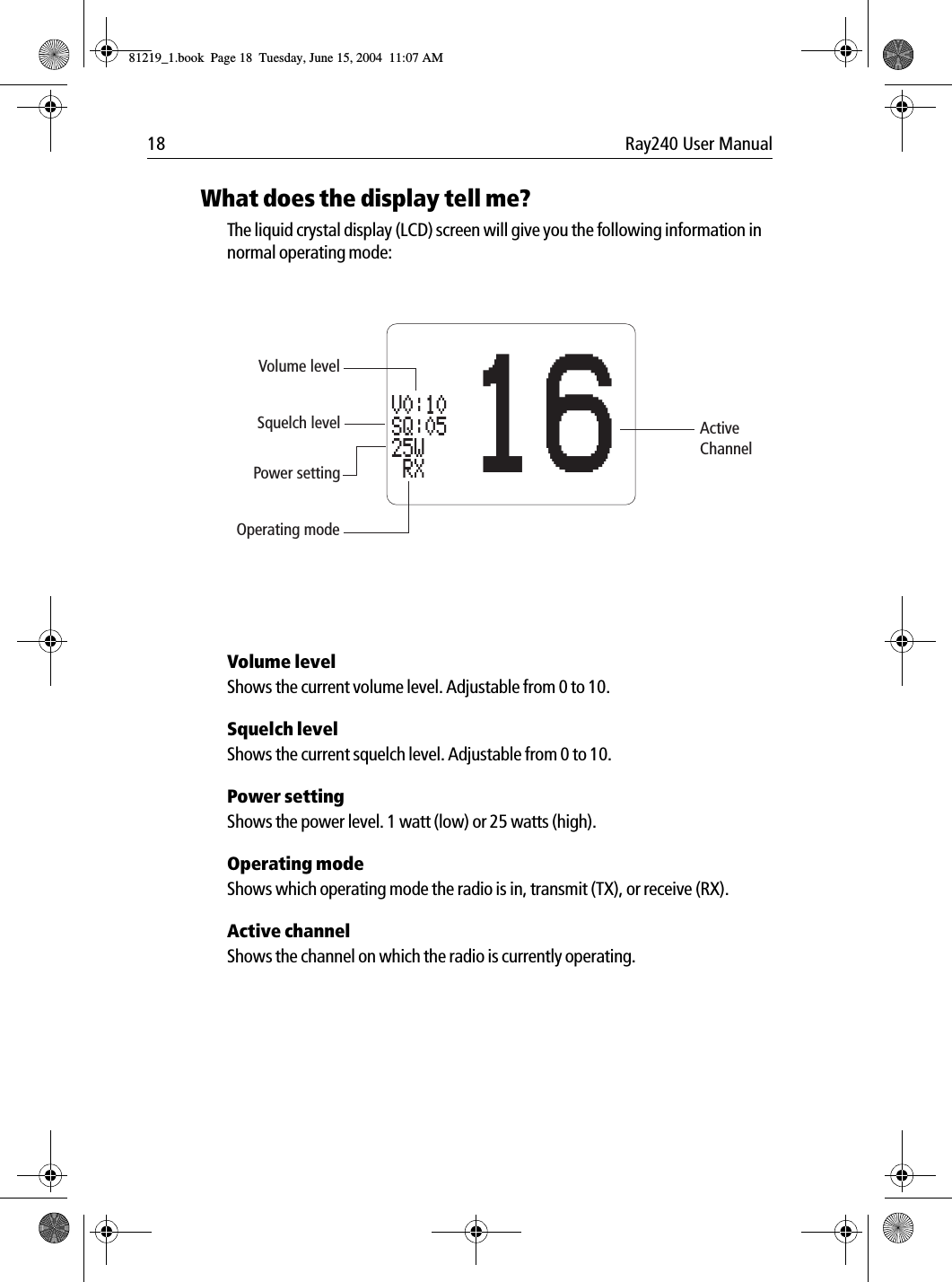 18 Ray240 User ManualWhat does the display tell me?The liquid crystal display (LCD) screen will give you the following information in normal operating mode:             Volume levelShows the current volume level. Adjustable from 0 to 10.Squelch levelShows the current squelch level. Adjustable from 0 to 10.Power settingShows the power level. 1 watt (low) or 25 watts (high).Operating modeShows which operating mode the radio is in, transmit (TX), or receive (RX).Active channelShows the channel on which the radio is currently operating.Active ChannelVolume levelSquelch levelPower settingOperating mode16V0:10SQ:0525W RX81219_1.book  Page 18  Tuesday, June 15, 2004  11:07 AM
