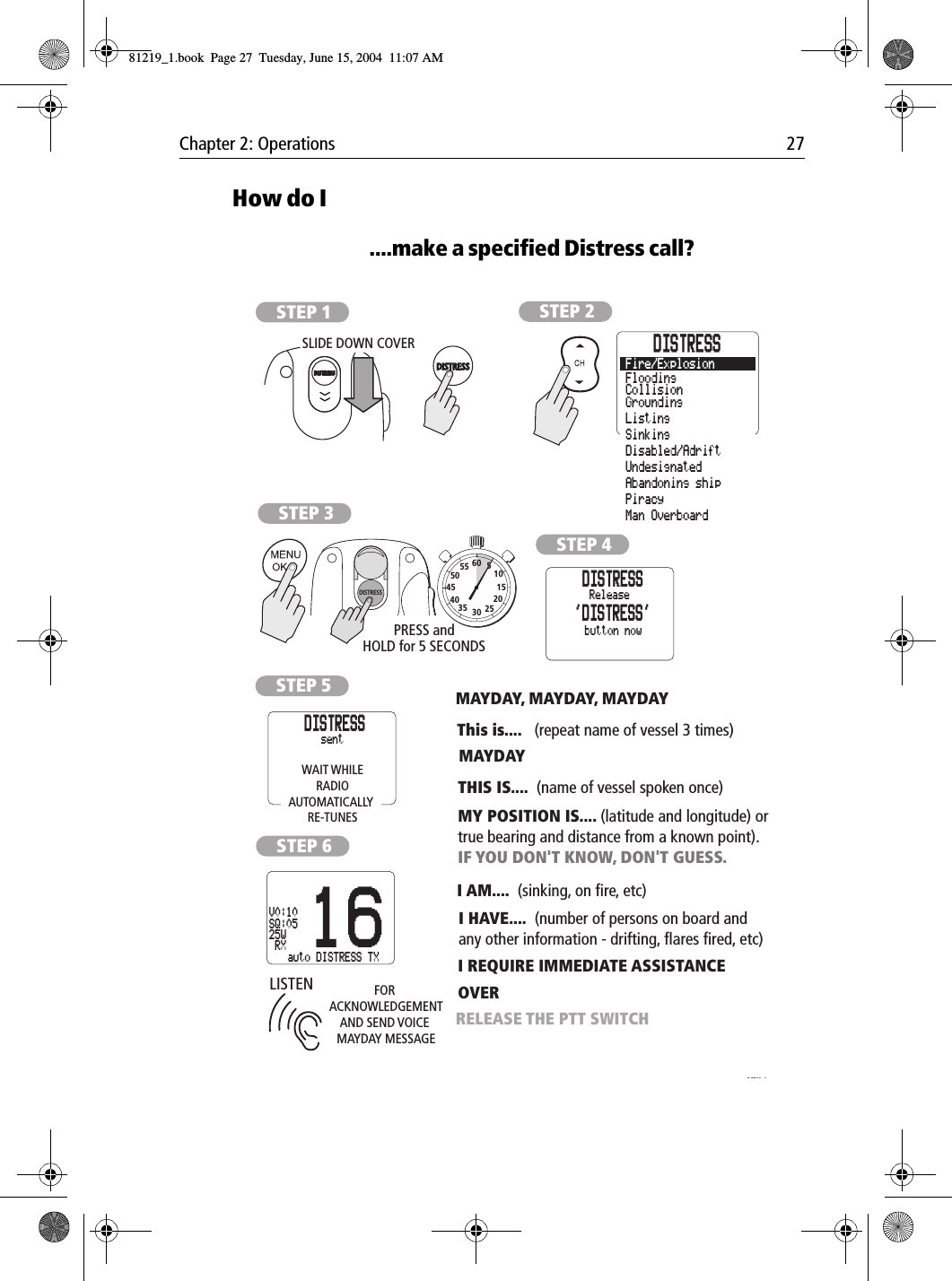 Chapter 2: Operations 27How do I....make a specified Distress call?            STEP 1DISTRESS DISTRESSSLIDE DOWN COVERSTEP 2DISTRESSGroundingListingSinkingDisabled/AdriftUndesignatedAbandoning shipPiracyMan OverboardCollisionFloodingFire/ExplosionSTEP 3STEP 4D6789 1STEP 5STEP 6DISTRESSDISTRESSDISTRESSDISTRESSPRESS andHOLD for 5 SECONDSFOR ACKNOWLEDGEMENTAND SEND VOICE MAYDAY MESSAGE10152025303540455055 60 5LISTEN&apos;DISTRESS&apos;ReleaseDISTRESSbutton now16V0:10SQ:0525W RXsentDISTRESSauto DISTRESS TXWAIT WHILERADIOAUTOMATICALLY RE-TUNESMAYDAY, MAYDAY, MAYDAYThis is....   (repeat name of vessel 3 times)MAYDAYTHIS IS....  (name of vessel spoken once)MY POSITION IS.... (latitude and longitude) or true bearing and distance from a known point).IF YOU DON&apos;T KNOW, DON&apos;T GUESS.I AM....  (sinking, on fire, etc)I HAVE....  (number of persons on board and any other information - drifting, flares fired, etc)I REQUIRE IMMEDIATE ASSISTANCEOVERRELEASE THE PTT SWITCH81219_1.book  Page 27  Tuesday, June 15, 2004  11:07 AM