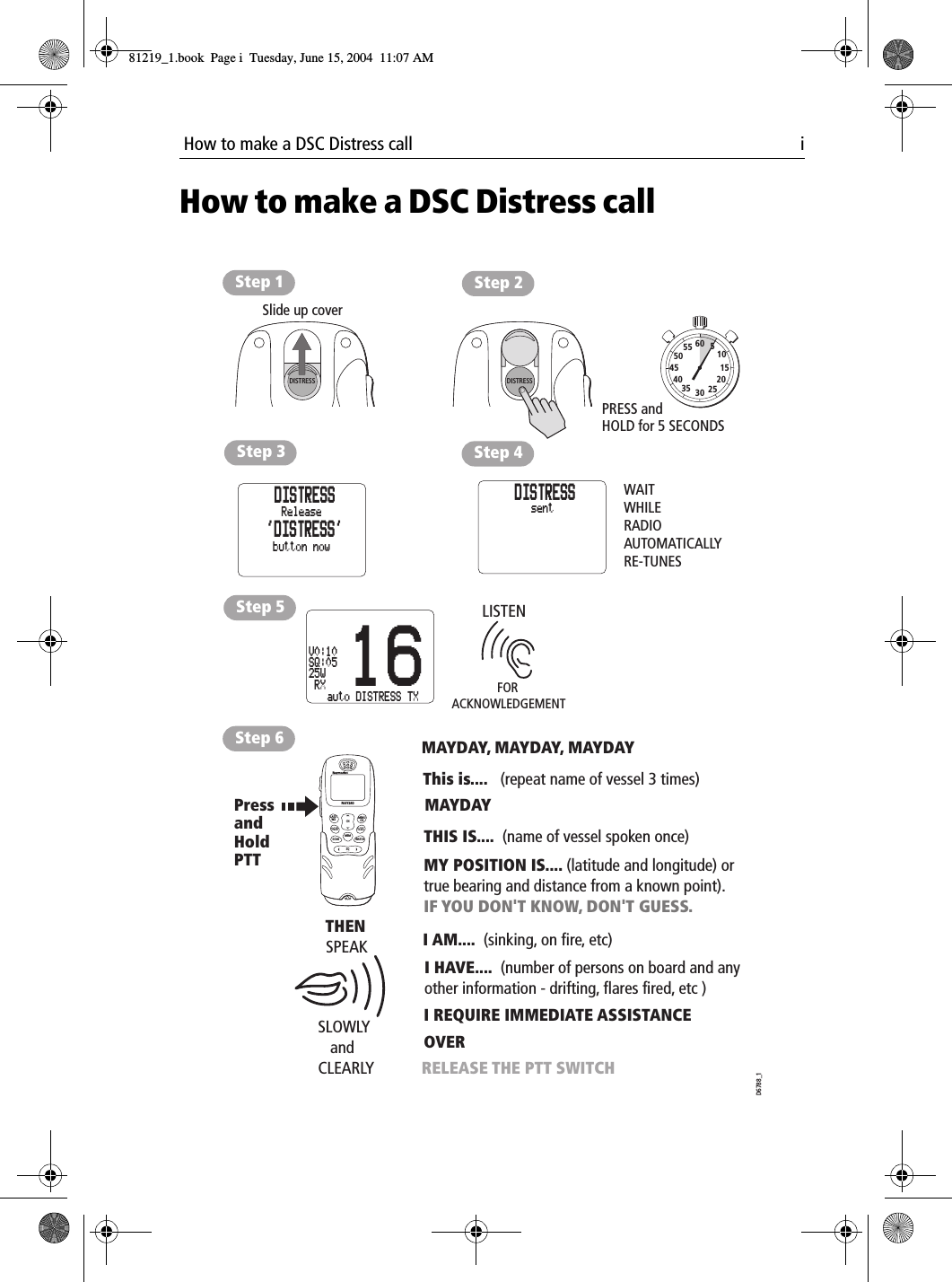  How to make a DSC Distress call iHow to make a DSC Distress call            DISTRESSDISTRESSDISTRESSDISTRESS DISTRESSDISTRESSLAST/WX MENUOKMEMSQWATCH12ABC5JKL8TUV0*6MNO4GHI7PQRS 9WXYZ3DEFSCAN16/9 1/25CHRAY240PRESS andHOLD for 5 SECONDS              FOR ACKNOWLEDGEMENTStep 1 Step 2Step 6Step 3Slide up cover10152025303540455055 60 5Step 5Step 4SLOWLY    and CLEARLYPressandHold PTTTHENSPEAKMAYDAY, MAYDAY, MAYDAYThis is....   (repeat name of vessel 3 times)MAYDAYTHIS IS....  (name of vessel spoken once)MY POSITION IS.... (latitude and longitude) or true bearing and distance from a known point).IF YOU DON&apos;T KNOW, DON&apos;T GUESS.I AM....  (sinking, on fire, etc)I HAVE....  (number of persons on board and anyother information - drifting, flares fired, etc )I REQUIRE IMMEDIATE ASSISTANCEOVERRELEASE THE PTT SWITCHLISTENWAITWHILERADIOAUTOMATICALLY RE-TUNESD6788_1&apos;DISTRESS&apos;ReleaseDISTRESSbutton now16V0:10SQ:0525W RXsentDISTRESSauto DISTRESS TX81219_1.book  Page i  Tuesday, June 15, 2004  11:07 AM