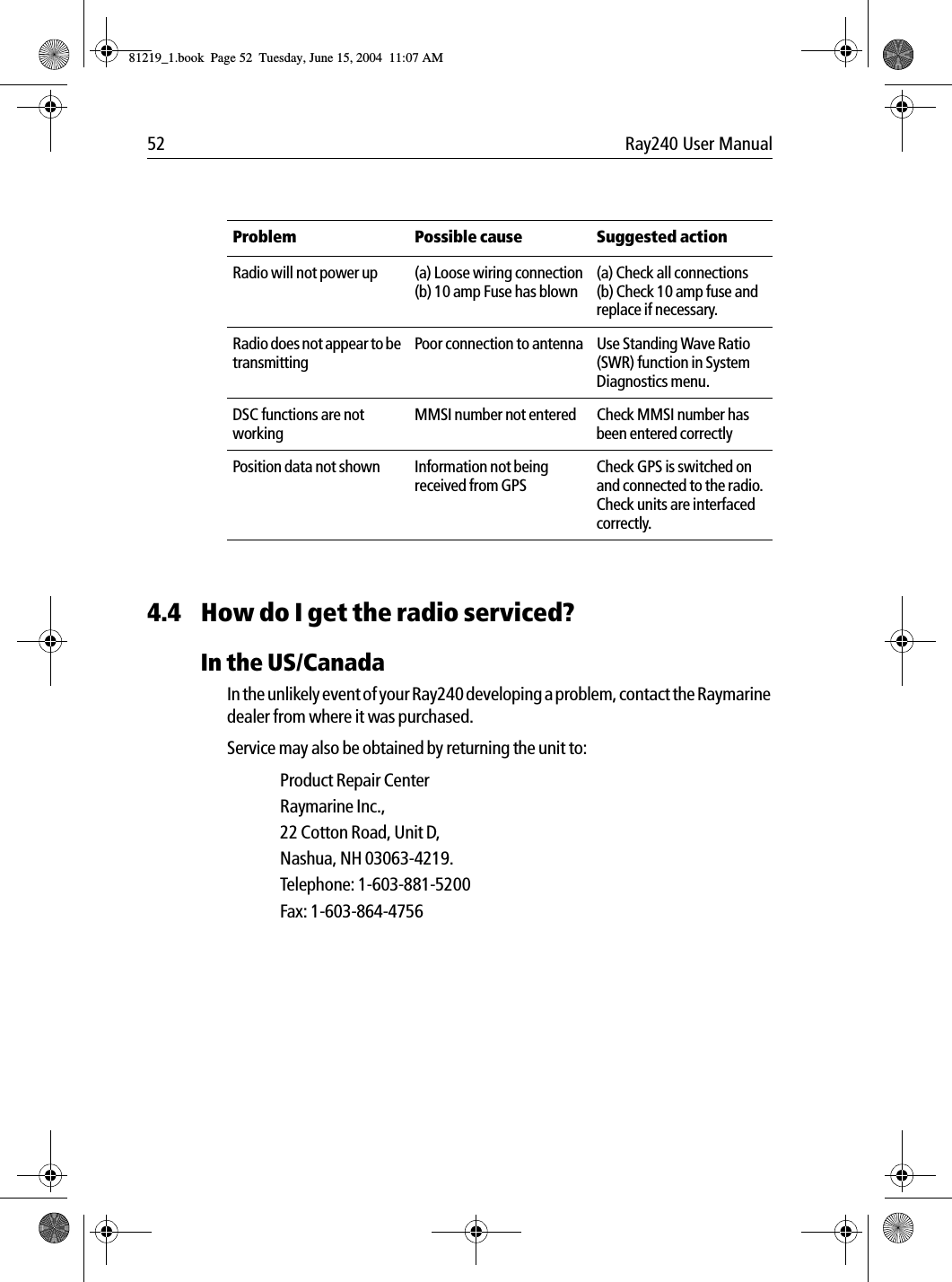 52 Ray240 User Manual             4.4 How do I get the radio serviced?In the US/CanadaIn the unlikely event of your Ray240 developing a problem, contact the Raymarine dealer from where it was purchased.Service may also be obtained by returning the unit to:Product Repair CenterRaymarine Inc.,22 Cotton Road, Unit D,Nashua, NH 03063-4219.Telephone: 1-603-881-5200Fax: 1-603-864-4756Problem Possible cause Suggested actionRadio will not power up (a) Loose wiring connection(b) 10 amp Fuse has blown(a) Check all connections(b) Check 10 amp fuse and replace if necessary.Radio does not appear to be transmittingPoor connection to antenna Use Standing Wave Ratio (SWR) function in System Diagnostics menu.DSC functions are not workingMMSI number not entered Check MMSI number has been entered correctlyPosition data not shown Information not being received from GPSCheck GPS is switched on and connected to the radio.Check units are interfaced correctly.81219_1.book  Page 52  Tuesday, June 15, 2004  11:07 AM