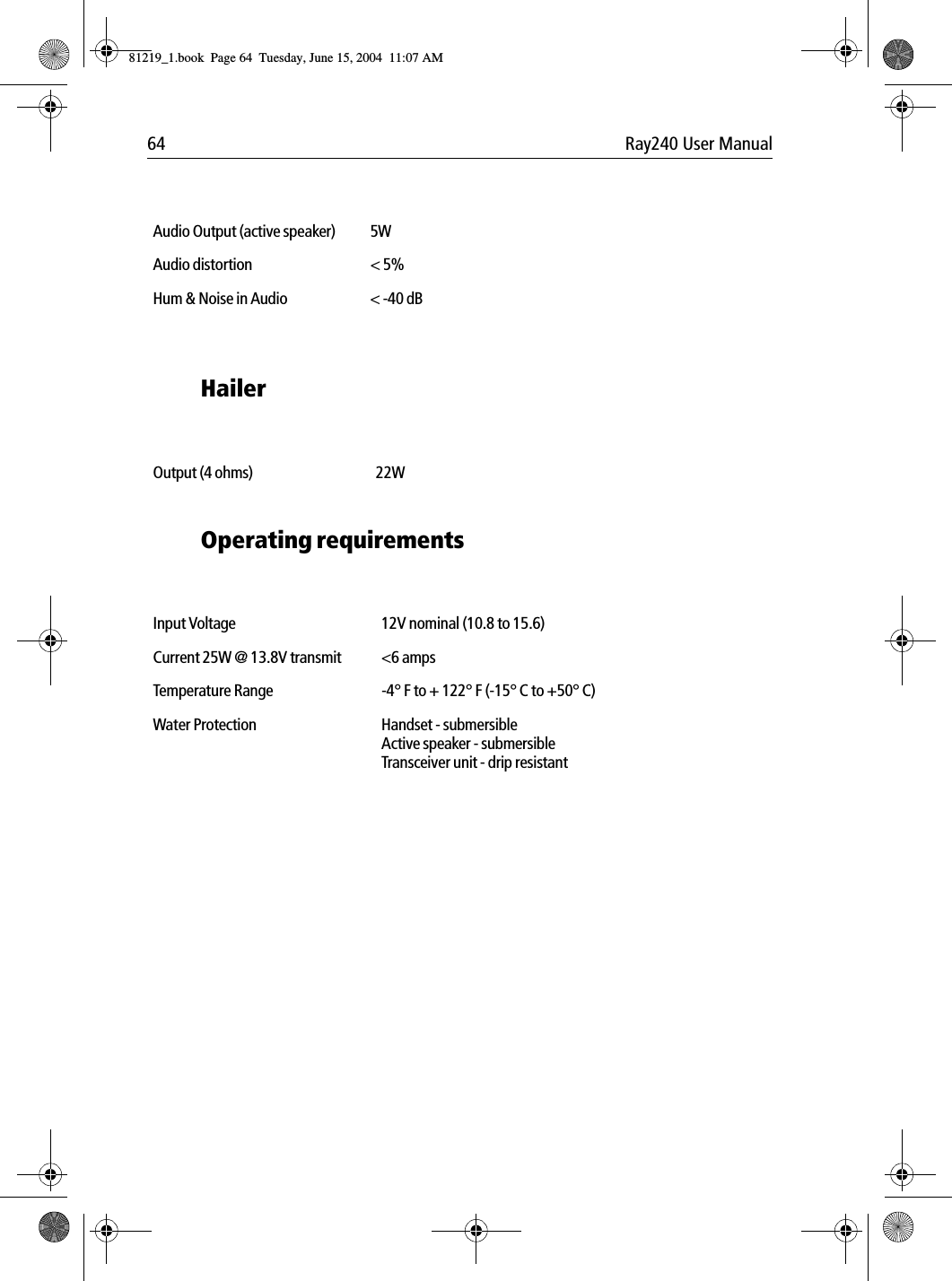 64 Ray240 User ManualHailer            Operating requirements            Audio Output (active speaker) 5WAudio distortion &lt; 5%Hum &amp; Noise in Audio &lt; -40 dBOutput (4 ohms) 22WInput Voltage 12V nominal (10.8 to 15.6)Current 25W @ 13.8V transmit &lt;6 ampsTemperature Range -4° F to + 122° F (-15° C to +50° C)Water Protection Handset - submersibleActive speaker - submersibleTransceiver unit - drip resistant81219_1.book  Page 64  Tuesday, June 15, 2004  11:07 AM