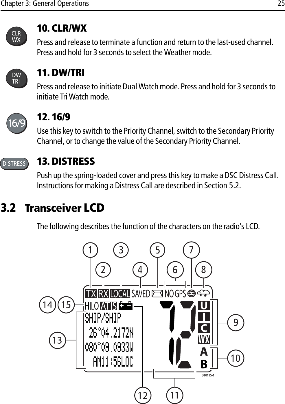 Chapter 3: General Operations 2510. CLR/WXPress and release to terminate a function and return to the last-used channel. Press and hold for 3 seconds to select the Weather mode.11. DW/TRI Press and release to initiate Dual Watch mode. Press and hold for 3 seconds to initiate Tri Watch mode.12. 16/9  Use this key to switch to the Priority Channel, switch to the Secondary Priority Channel, or to change the value of the Secondary Priority Channel.13. DISTRESSPush up the spring-loaded cover and press this key to make a DSC Distress Call. Instructions for making a Distress Call are described in Section 5.2.3.2 Transceiver LCD  The following describes the function of the characters on the radio’s LCD.            SHIP/SHIP 26 04.2172N 080 09.0933W   AM11:56LOCD10115-1