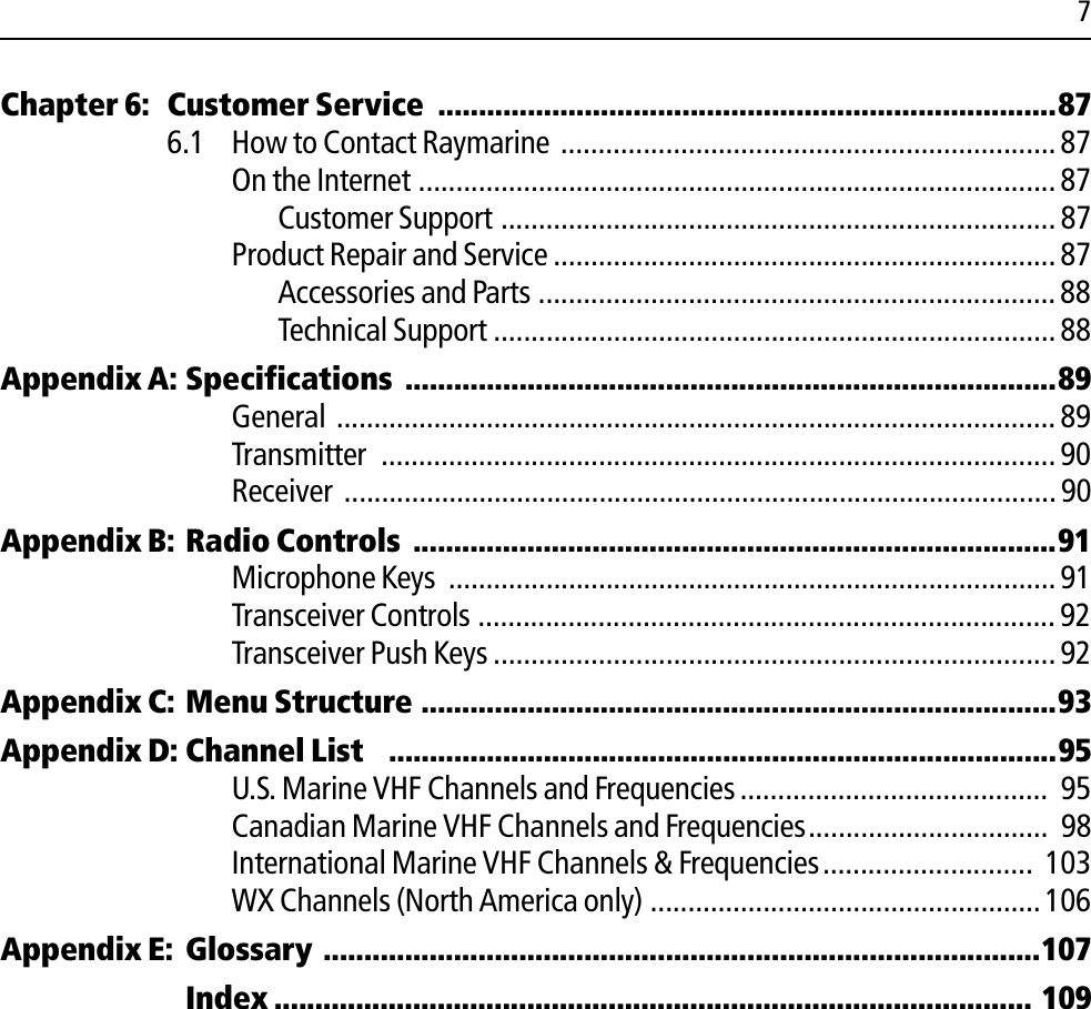 7Chapter 6: Customer Service  ............................................................................876.1 How to Contact Raymarine ..................................................................87On the Internet ..................................................................................... 87Customer Support .......................................................................... 87Product Repair and Service ................................................................... 87Accessories and Parts .....................................................................88Technical Support ...........................................................................88Appendix A: Specifications  ................................................................................89General ................................................................................................89Transmitter  ..........................................................................................90Receiver ............................................................................................... 90Appendix B: Radio Controls ...............................................................................91Microphone Keys  ................................................................................. 91Transceiver Controls ............................................................................. 92Transceiver Push Keys ........................................................................... 92Appendix C: Menu Structure ..............................................................................93Appendix D: Channel List  ..................................................................................95U.S. Marine VHF Channels and Frequencies.........................................  95Canadian Marine VHF Channels and Frequencies................................  98International Marine VHF Channels &amp; Frequencies............................  103WX Channels (North America only) .................................................... 106Appendix E: Glossary ........................................................................................107Index ............................................................................................. 109