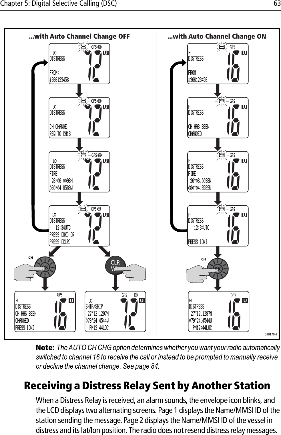 Chapter 5: Digital Selective Calling (DSC) 63            Note:The AUTO CH CHG option determines whether you want your radio automatically switched to channel 16 to receive the call or instead to be prompted to manually receive or decline the channel change. See page 84.Receiving a Distress Relay Sent by Another StationWhen a Distress Relay is received, an alarm sounds, the envelope icon blinks, and the LCD displays two alternating screens. Page 1 displays the Name/MMSI ID of the station sending the message. Page 2 displays the Name/MMSI ID of the vessel in distress and its lat/lon position. The radio does not resend distress relay messages....with Auto Channel Change OFF72SHIP/SHIP 27 12.1297N079 24.4544W  PM12:44LOCD10170-1...with Auto Channel Change ON72DISTRESSCH CHANGEREQ TO CH1672DISTRESSFIRE 26 06.0098N080 04.8589W72DISTRESS   12:34UTCPRESS [OK] ORPRESS [CLR]72DISTRESSFROM: 36612345616DISTRESSFROM: 36612345616DISTRESSCH HAS BEENCHANGEDPRESS [OK]16DISTRESSCH HAS BEENCHANGED16DISTRESSFIRE 26 06.0098N080 04.8589W16DISTRESS   12:34UTC PRESS [OK]16DISTRESS 27 12.1297N079 24.4544W  PM12:44LOC