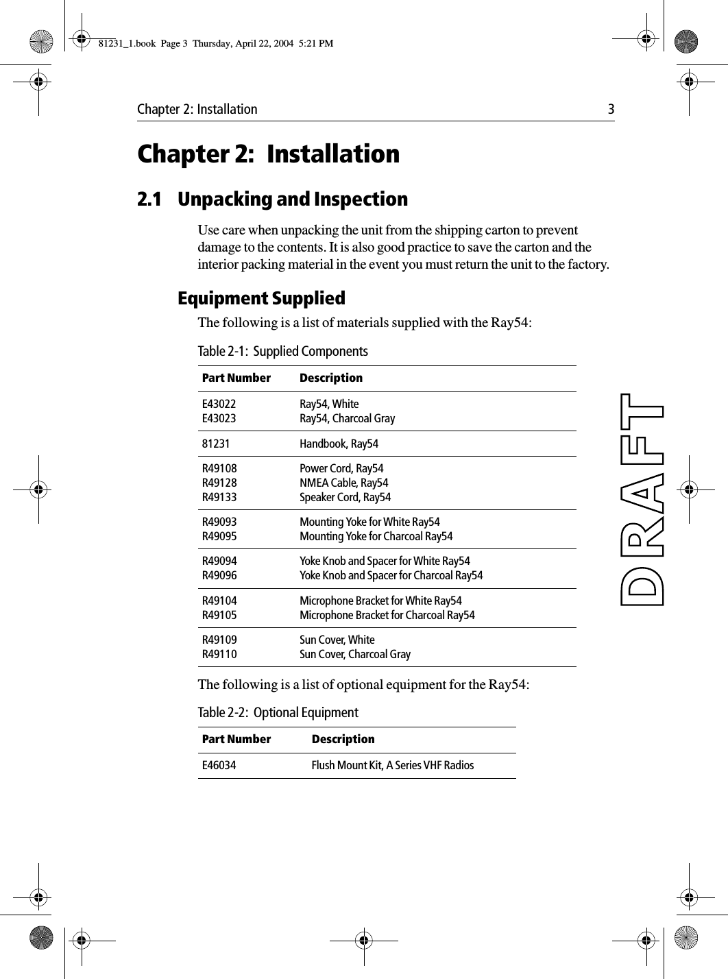 Chapter 2: Installation 3Chapter 2: Installation2.1 Unpacking and InspectionUse care when unpacking the unit from the shipping carton to prevent damage to the contents. It is also good practice to save the carton and the interior packing material in the event you must return the unit to the factory.Equipment SuppliedThe following is a list of materials supplied with the Ray54:            The following is a list of optional equipment for the Ray54:            Table 2-1:  Supplied ComponentsPart Number  DescriptionE43022E43023Ray54, WhiteRay54, Charcoal Gray81231 Handbook, Ray54R49108R49128R49133Power Cord, Ray54NMEA Cable, Ray54Speaker Cord, Ray54R49093R49095Mounting Yoke for White Ray54Mounting Yoke for Charcoal Ray54R49094R49096Yoke Knob and Spacer for White Ray54Yoke Knob and Spacer for Charcoal Ray54R49104R49105Microphone Bracket for White Ray54Microphone Bracket for Charcoal Ray54R49109R49110Sun Cover, WhiteSun Cover, Charcoal GrayTable 2-2:  Optional EquipmentPart Number DescriptionE46034 Flush Mount Kit, A Series VHF Radios81231_1.book  Page 3  Thursday, April 22, 2004  5:21 PM