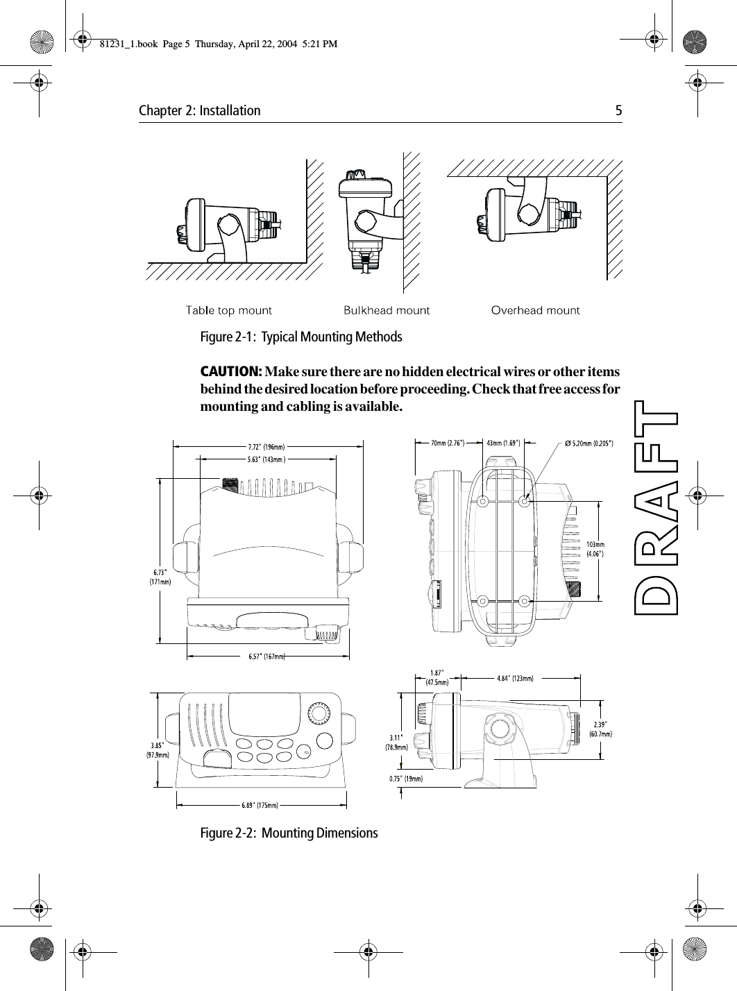 Chapter 2: Installation 5            Figure 2-1:  Typical Mounting MethodsCAUTION: Make sure there are no hidden electrical wires or other items behind the desired location before proceeding. Check that free access for mounting and cabling is available.            Figure 2-2:  Mounting Dimensions81231_1.book  Page 5  Thursday, April 22, 2004  5:21 PM