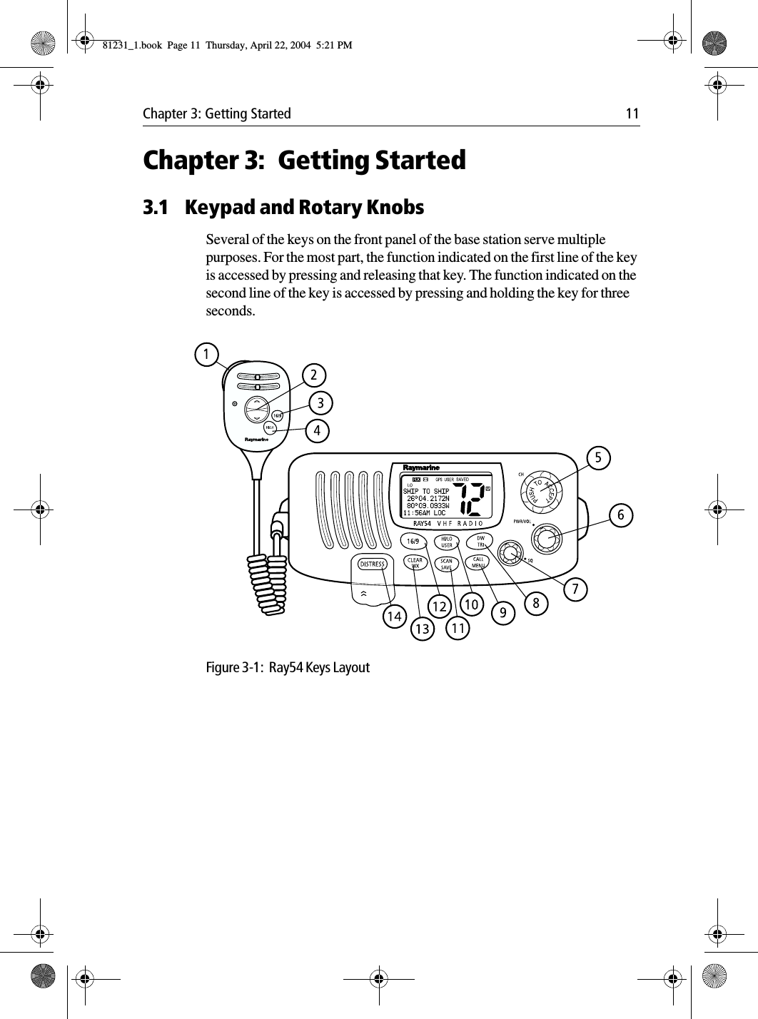 Chapter 3: Getting Started 11Chapter 3: Getting Started3.1 Keypad and Rotary KnobsSeveral of the keys on the front panel of the base station serve multiple purposes. For the most part, the function indicated on the first line of the key is accessed by pressing and releasing that key. The function indicated on the second line of the key is accessed by pressing and holding the key for three seconds.            Figure 3-1:  Ray54 Keys Layout81231_1.book  Page 11  Thursday, April 22, 2004  5:21 PM