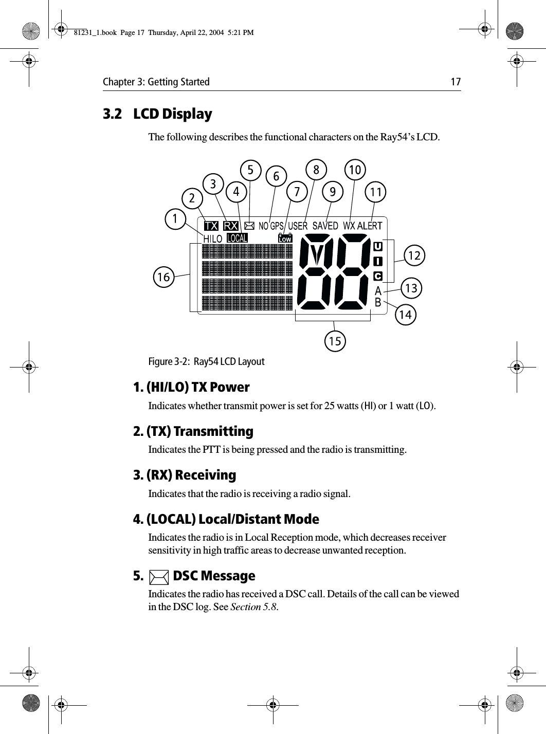 Chapter 3: Getting Started 173.2 LCD DisplayThe following describes the functional characters on the Ray54’s LCD.            Figure 3-2:  Ray54 LCD Layout1. (HI/LO) TX PowerIndicates whether transmit power is set for 25 watts (HI) or 1 watt (LO).2. (TX) TransmittingIndicates the PTT is being pressed and the radio is transmitting.3. (RX) ReceivingIndicates that the radio is receiving a radio signal.4. (LOCAL) Local/Distant ModeIndicates the radio is in Local Reception mode, which decreases receiver sensitivity in high traffic areas to decrease unwanted reception.5.   DSC MessageIndicates the radio has received a DSC call. Details of the call can be viewed in the DSC log. See Section 5.8.81231_1.book  Page 17  Thursday, April 22, 2004  5:21 PM