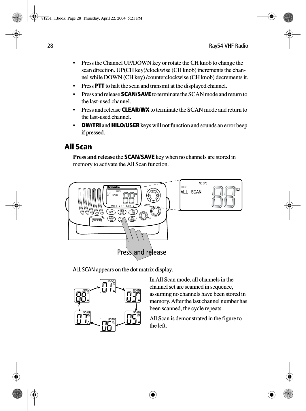 28 Ray54 VHF Radio•Press the Channel UP/DOWN key or rotate the CH knob to change the scan direction. UP(CH key)/clockwise (CH knob) increments the chan-nel while DOWN (CH key) /counterclockwise (CH knob) decrements it.•Press PTT to halt the scan and transmit at the displayed channel.•Press and release SCAN/SAVE to terminate the SCAN mode and return to the last-used channel.•Press and release CLEAR/WX to terminate the SCAN mode and return to the last-used channel.•DW/TRI and HILO/USER keys will not function and sounds an error beep if pressed.All ScanPress and release the SCAN/SAVE key when no channels are stored in memory to activate the All Scan function.              ALL SCAN appears on the dot matrix display.In All Scan mode, all channels in the channel set are scanned in sequence, assuming no channels have been stored in memory. After the last channel number has been scanned, the cycle repeats. All Scan is demonstrated in the figure to the left. 81231_1.book  Page 28  Thursday, April 22, 2004  5:21 PM