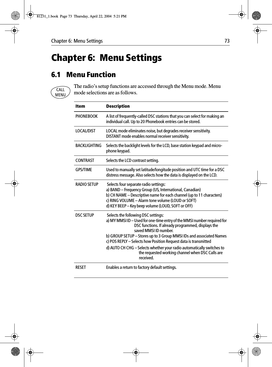 Chapter 6: Menu Settings 73Chapter 6: Menu Settings6.1 Menu FunctionThe radio’s setup functions are accessed through the Menu mode. Menu mode selections are as follows.            Item DescriptionPHONEBOOK A list of frequently-called DSC stations that you can select for making an individual call. Up to 20 Phonebook entries can be stored. LOCAL/DIST LOCAL mode eliminates noise, but degrades receiver sensitivity. DISTANT mode enables normal receiver sensitivity. BACKLIGHTING Selects the backlight levels for the LCD, base station keypad and micro-phone keypad.CONTRAST Selects the LCD contrast setting.GPS/TIME  Used to manually set latitude/longitude position and UTC time for a DSC distress message. Also selects how the data is displayed on the LCD.RADIO SETUP  Selects four separate radio settings:a) BAND – Frequency Group (US, International, Canadian)b) CH NAME – Descriptive name for each channel (up to 11 characters)c) RING VOLUME – Alarm tone volume (LOUD or SOFT)d) KEY BEEP – Key beep volume (LOUD, SOFT or OFF)DSC SETUP  Selects the following DSC settings:a) MY MMSI ID – Used for one-time entry of the MMSI number required forDSC functions. If already programmed, displays thesaved MMSI ID number.b) GROUP SETUP – Stores up to 3 Group MMSI IDs and associated Namesc) POS REPLY – Selects how Position Request data is transmittedd) AUTO CH CHG – Selects whether your radio automatically switches to the requested working channel when DSC Calls arereceived.RESET Enables a return to factory default settings.81231_1.book  Page 73  Thursday, April 22, 2004  5:21 PM