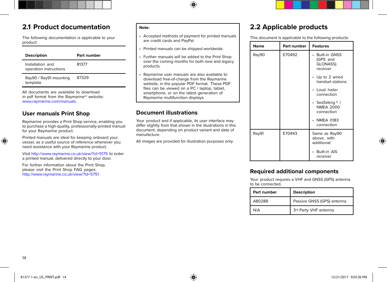 2.1ProductdocumentationThefollowingdocumentationisapplicabletoyourproduct:DescriptionPartnumberInstallationandoperationinstructions81377Ray90/Ray91mountingtemplate87329AlldocumentsareavailabletodownloadinpdfformatfromtheRaymarine®website:www.raymarine.com/manuals.UsermanualsPrintShopRaymarineprovidesaPrintShopservice,enablingyoutopurchaseahigh-quality,professionally-printedmanualforyourRaymarineproduct.Printedmanualsareidealforkeepingonboardyourvessel,asausefulsourceofreferencewheneveryouneedassistancewithyourRaymarineproduct.Visithttp://www.raymarine.co.uk/view/?id=5175toorderaprintedmanual,delivereddirectlytoyourdoor.ForfurtherinformationaboutthePrintShop,pleasevisitthePrintShopFAQpages:http://www.raymarine.co.uk/view/?id=5751.Note:•AcceptedmethodsofpaymentforprintedmanualsarecreditcardsandPayPal.•Printedmanualscanbeshippedworldwide.•FurthermanualswillbeaddedtothePrintShopoverthecomingmonthsforbothnewandlegacyproducts.•Raymarineusermanualsarealsoavailabletodownloadfree-of-chargefromtheRaymarinewebsite,inthepopularPDFformat.ThesePDFﬁlescanbeviewedonaPC/laptop,tablet,smartphone,oronthelatestgenerationofRaymarinemultifunctiondisplays.DocumentillustrationsYourproductandifapplicable,itsuserinterfacemaydifferslightlyfromthatshownintheillustrationsinthisdocument,dependingonproductvariantanddateofmanufacture.Allimagesareprovidedforillustrationpurposesonly.2.2ApplicableproductsThisdocumentisapplicabletothefollowingproducts:NamePartnumberFeaturesRay90E70492•Built-inGNSS(GPSandGLONASS)receiver•Upto2wiredhandsetstations•Loudhailerconnection•SeaT alkng®/NMEA2000connection•NMEA0183connectionRay91E70493SameasRay90above,withadditional:•Built-inAISreceiverRequiredadditionalcomponentsY ourproductrequiresaVHFandGNSS(GPS)antennatobeconnected.PartnumberDescriptionA80288PassiveGNSS(GPS)antennaN/A3rdPartyVHFantenna1481377-1-en_US_PRINT.pdf   14 12/21/2017   9:05:36 PM