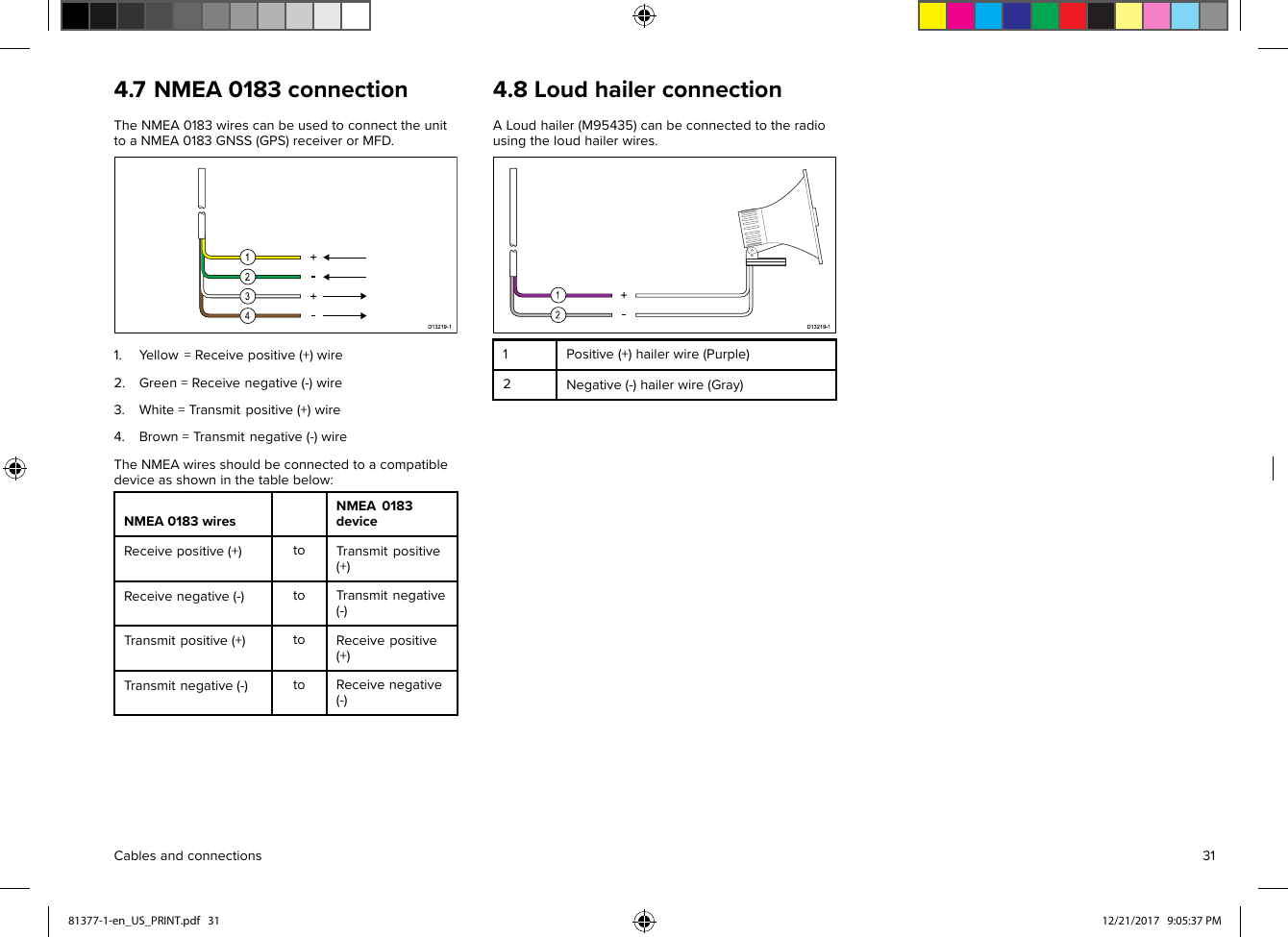 4.7NMEA0183connectionTheNMEA0183wirescanbeusedtoconnecttheunittoaNMEA0183GNSS(GPS)receiverorMFD.1.Y ellow=Receivepositive(+)wire2.Green=Receivenegative(-)wire3.White=Transmitpositive(+)wire4.Brown=Transmitnegative(-)wireTheNMEAwiresshouldbeconnectedtoacompatibledeviceasshowninthetablebelow:NMEA0183wiresNMEA0183deviceReceivepositive(+)toTransmitpositive(+)Receivenegative(-)toTransmitnegative(-)Transmitpositive(+)toReceivepositive(+)Transmitnegative(-)toReceivenegative(-)4.8LoudhailerconnectionALoudhailer(M95435)canbeconnectedtotheradiousingtheloudhailerwires.1Positive(+)hailerwire(Purple)2Negative(-)hailerwire(Gray)Cablesandconnections3181377-1-en_US_PRINT.pdf   31 12/21/2017   9:05:37 PM