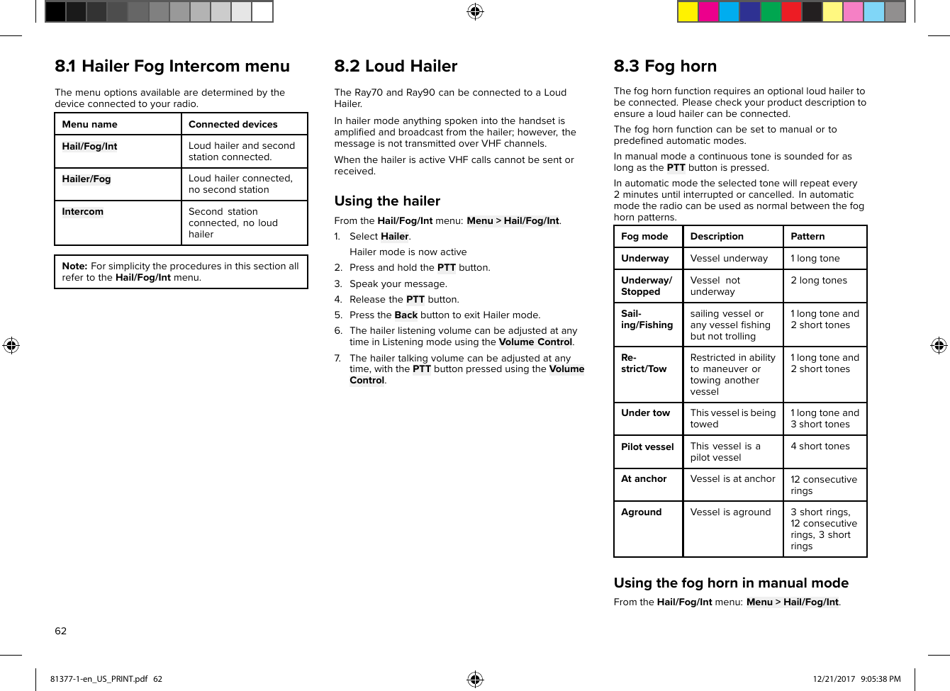 8.1HailerFogIntercommenuThemenuoptionsavailablearedeterminedbythedeviceconnectedtoyourradio.MenunameConnecteddevicesHail/Fog/IntL oudhailerandsecondstationconnected.Hailer/FogLoudhailerconnected,nosecondstationIntercomSecondstationconnected,noloudhailerNote:ForsimplicitytheproceduresinthissectionallrefertotheHail/Fog/Intmenu.8.2LoudHailerTheRay70andRay90canbeconnectedtoaLoudHailer.Inhailermodeanythingspokenintothehandsetisampliﬁedandbroadcastfromthehailer;however,themessageisnottransmittedoverVHFchannels.WhenthehailerisactiveVHFcallscannotbesentorreceived.UsingthehailerFromtheHail/Fog/Intmenu:Menu&gt;Hail/Fog/Int.1.SelectHailer.Hailermodeisnowactive2.PressandholdthePTTbutton.3.Speakyourmessage.4.Releasethe PTTbutton.5.PresstheBackbuttontoexitHailermode.6.ThehailerlisteningvolumecanbeadjustedatanytimeinListeningmodeusingthe VolumeControl.7.Thehailertalkingvolumecanbeadjustedatanytime,withthe PTTbuttonpressedusingthe VolumeControl.8.3FoghornThefoghornfunctionrequiresanoptionalloudhailertobeconnected.Pleasecheckyourproductdescriptiontoensurealoudhailercanbeconnected.Thefoghornfunctioncanbesettomanualortopredeﬁnedautomaticmodes.InmanualmodeacontinuoustoneissoundedforaslongasthePTTbuttonispressed.Inautomaticmodetheselectedtonewillrepeatevery2minutesuntilinterruptedorcancelled.Inautomaticmodetheradiocanbeusedasnormalbetweenthefoghornpatterns.FogmodeDescriptionPatternUnderwayVesselunderway1longtoneUnderway/StoppedVesselnotunderway2longtonesSail-ing/Fishingsailingvesseloranyvesselﬁshingbutnottrolling1longtoneand2shorttonesRe-strict/TowRestrictedinabilitytomaneuverortowinganothervessel1longtoneand2shorttonesUndertowThisvesselisbeingtowed1longtoneand3shorttonesPilotvesselThisvesselisapilotvessel4shorttonesAtanchorVesselisatanchor12consecutiveringsAgroundVesselisaground3shortrings,12consecutiverings,3shortringsUsingthefoghorninmanualmodeFromtheHail/Fog/Intmenu:Menu&gt;Hail/Fog/Int.6281377-1-en_US_PRINT.pdf   62 12/21/2017   9:05:38 PM