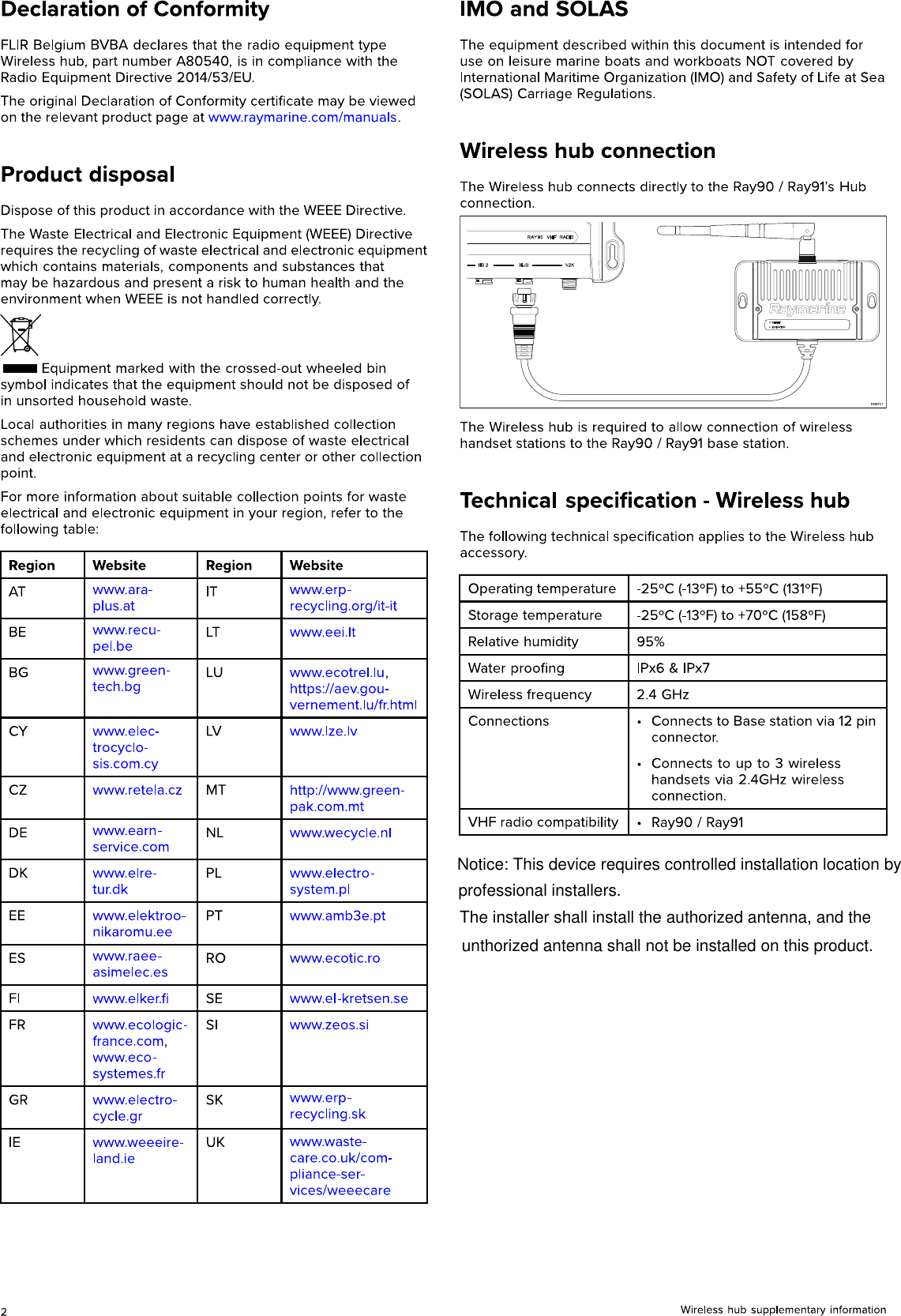 unthorized antenna shall not be installed on this product.The installer shall install the authorized antenna, and the Notice: This device requires controlled installation location by professional installers.