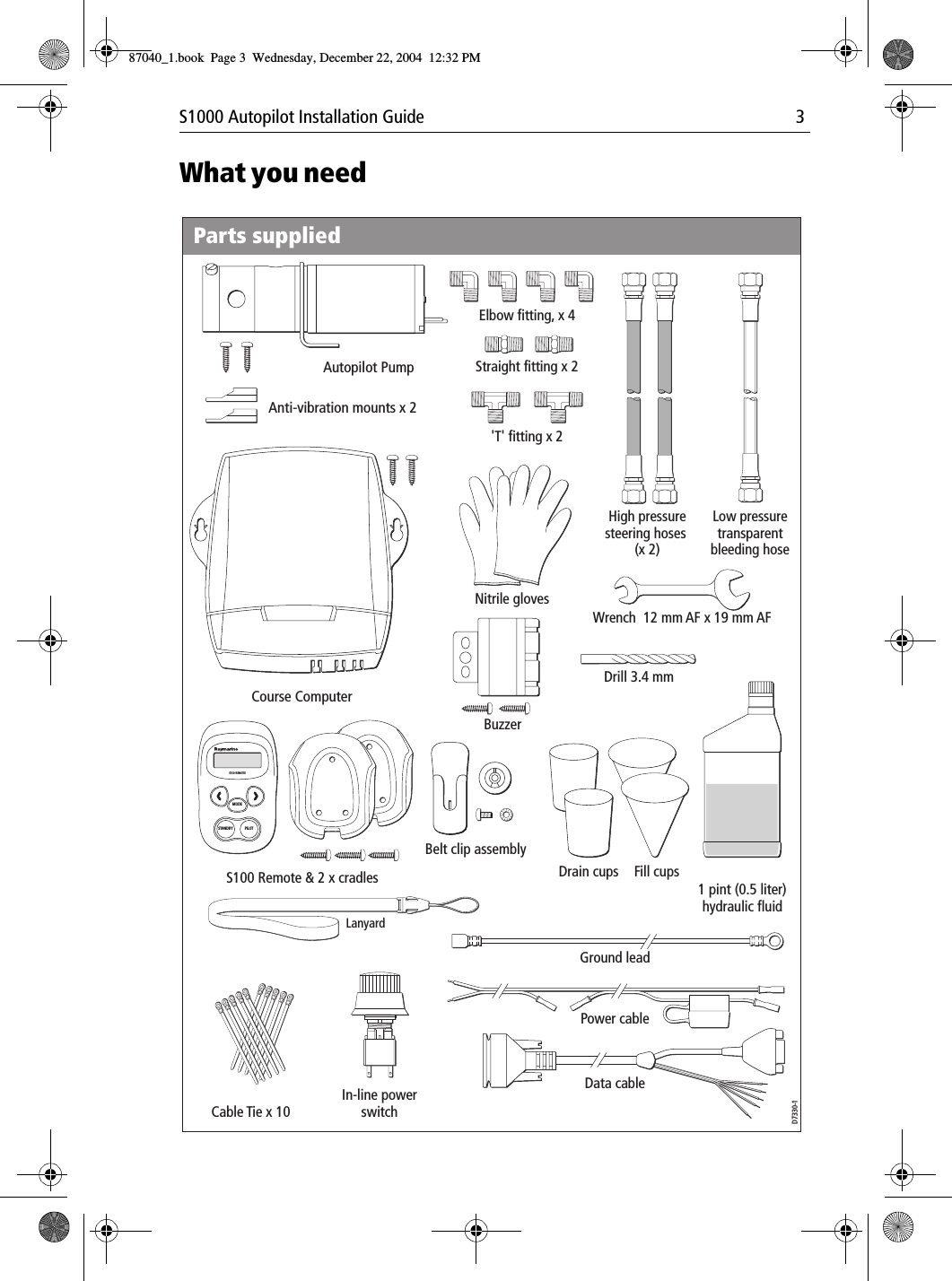 S1000 Autopilot Installation Guide 3What you needElbow fitting, x 4&apos;T&apos; fitting x 2High pressure steering hoses (x 2)Low pressure transparent bleeding hoseStraight fitting x 2Nitrile glovesAutopilot PumpAnti-vibration mounts x 2Course ComputerWrench  12 mm AF x 19 mm AFIn-line power switchDrill 3.4 mmCable Tie x 10D7330-1S100 Remote &amp; 2 x cradles 1 pint (0.5 liter) hydraulic fluidBelt clip assemblyFill cupsBuzzerParts suppliedS100 REMOTEMODESTANDBY PILOTGround leadData cablePower cableDrain cupsLanyard87040_1.book Page 3 Wednesday, December 22, 2004 12:32 PM