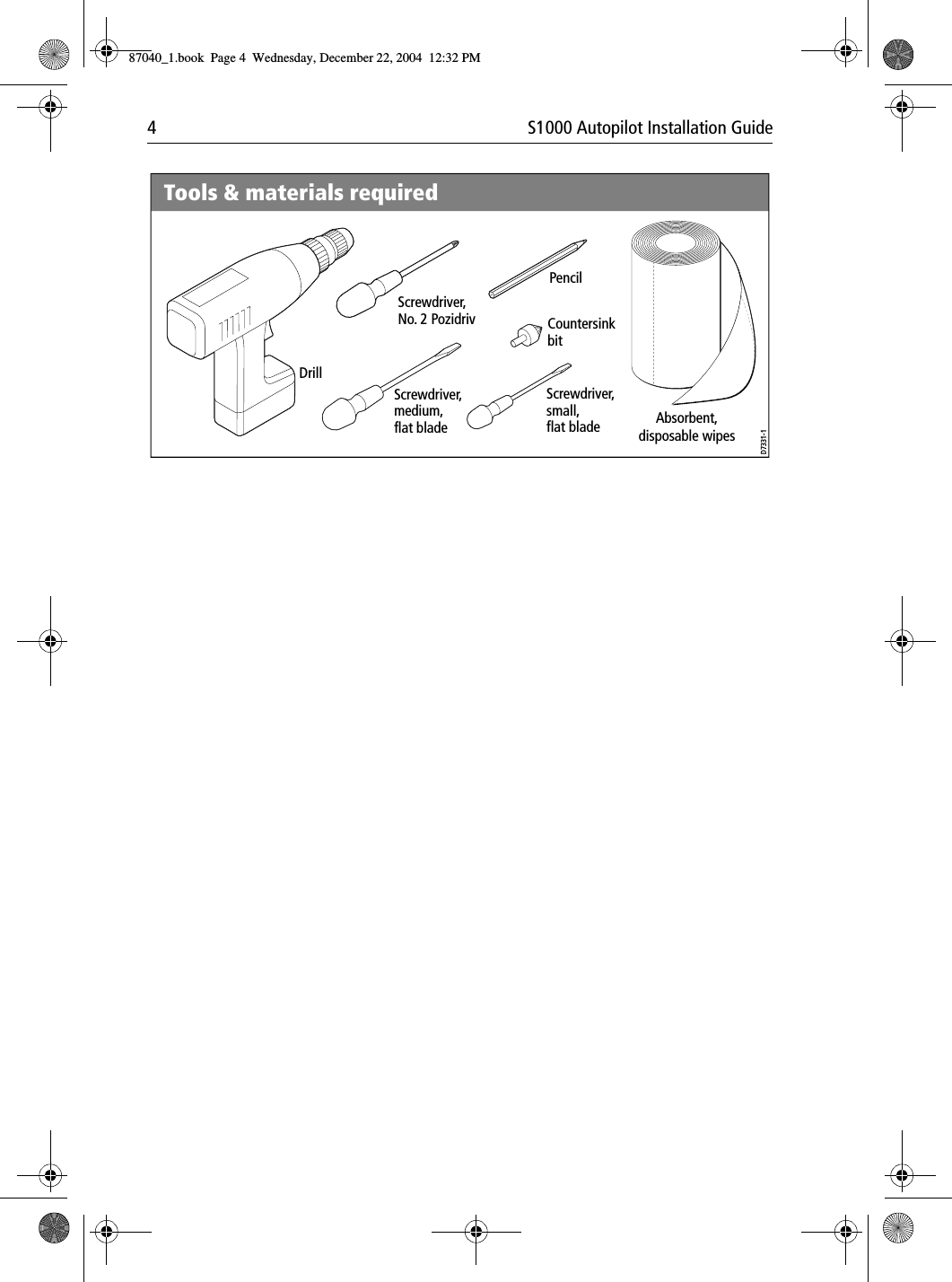 4 S1000 Autopilot Installation GuideD7331-1Tools &amp; materials requiredScrewdriver, No. 2 PozidrivScrewdriver, medium, flat bladeScrewdriver, small,flat bladeCountersinkbitPencilDrillAbsorbent, disposable wipes87040_1.book Page 4 Wednesday, December 22, 2004 12:32 PM