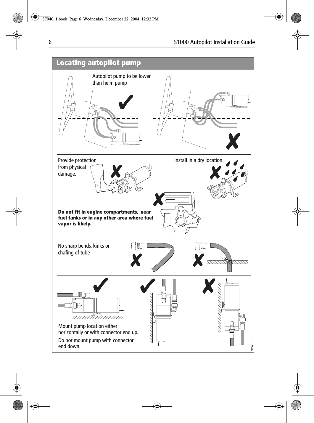 6 S1000 Autopilot Installation GuideResevirroBleewScredPortPortResevirroBleewScredPortPortD7350-1Autopilot pump to be lower than helm pumpNo sharp bends, kinks or chafing of tubeLocating autopilot pumpProvide protection from physical damage.Mount pump location either horizontally or with connector end up.Do not mount pump with connector end down.Install in a dry location.Do not fit in engine compartments,  near fuel tanks or in any other area where fuel vapor is likely.87040_1.book Page 6 Wednesday, December 22, 2004 12:32 PM