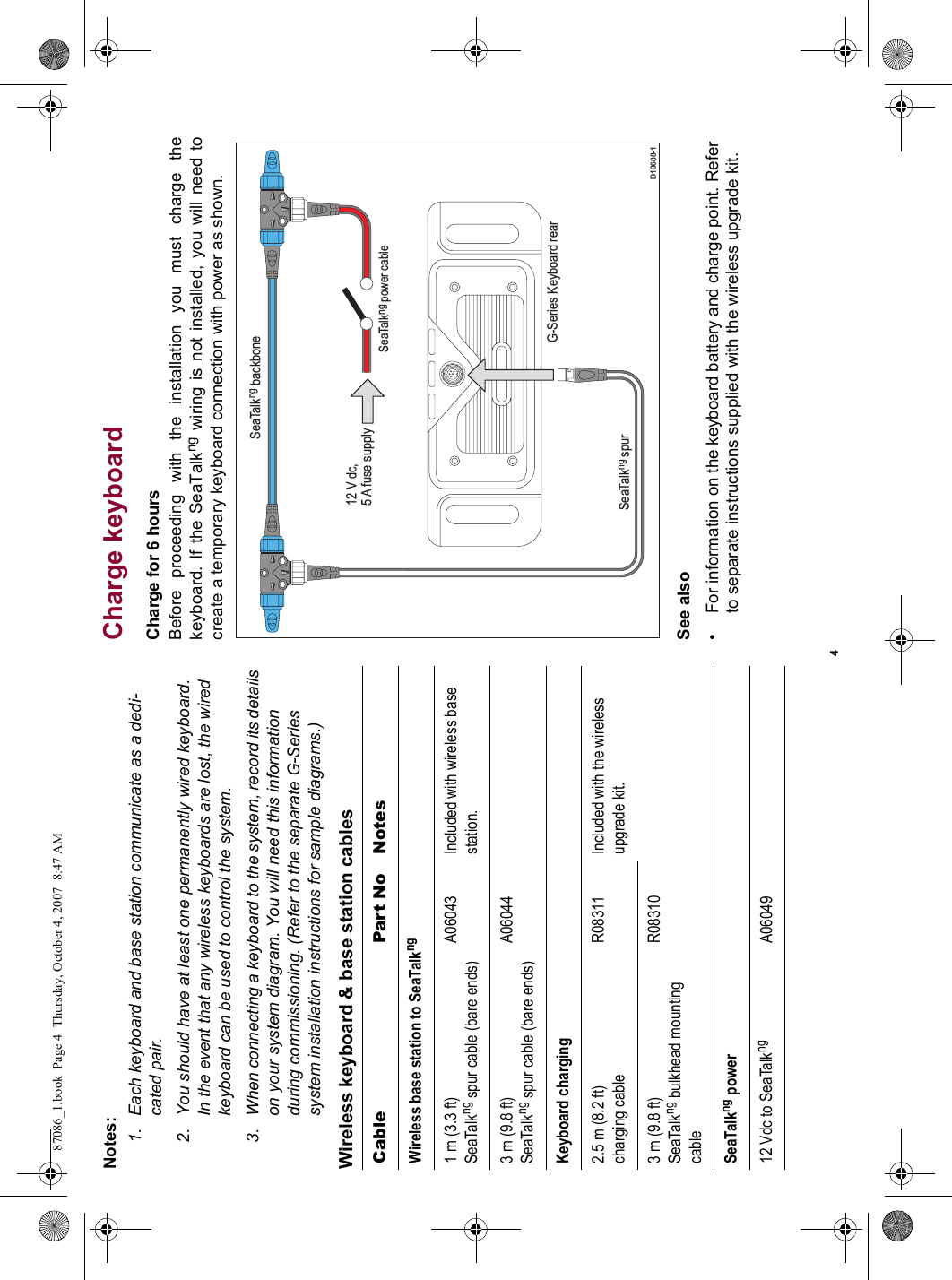 4Notes:1. Each keyboard and base station communicate as a dedi-cated pair.2. You should have at least one permanently wired keyboard. In the event that any wireless keyboards are lost, the wired keyboard can be used to control the system.3. When connecting a keyboard to the system, record its details on your system diagram. You will need this information during commissioning. (Refer to the separate G-Series system installation instructions for sample diagrams.)Wireless keyboard &amp; base station cablesCharge keyboardCharge for 6 hoursBefore proceeding with the installation you must charge thekeyboard. If the SeaTalkng wiring is not installed, you will need tocreate a temporary keyboard connection with power as shown.See also• For information on the keyboard battery and charge point. Refer to separate instructions supplied with the wireless upgrade kit.Cable Part No NotesWireless base station to SeaTalkng1 m (3.3 ft)SeaTalkng spur cable (bare ends)A06043 Included with wireless base station.3 m (9.8 ft)SeaTalkng spur cable (bare ends)A06044Keyboard charging2.5 m (8.2 ft)charging cableR08311 Included with the wireless upgrade kit. 3 m (9.8 ft)SeaTalkng bulkhead mounting cableR08310SeaTalkng power12 Vdc to SeaTalkng A0604912 V dc,5 A fuse supplyD10688-1G-Series Keyboard rearSeaTalkng power cableSeaTalkng spurSeaTalkng backbone87086_1.book  Page 4  Thursday, October 4, 2007  8:47 AM