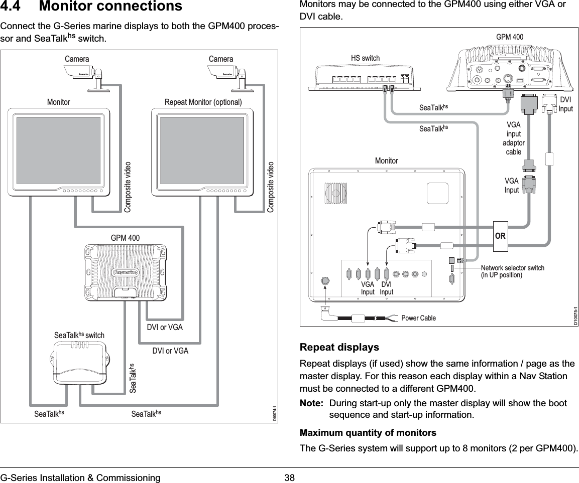 G-Series Installation &amp; Commissioning 384.4 Monitor connectionsConnect the G-Series marine displays to both the GPM400 proces-sor and SeaTalkhs switch.Monitors may be connected to the GPM400 using either VGA or DVI cable.Repeat displaysRepeat displays (if used) show the same information / page as the master display. For this reason each display within a Nav Station must be connected to a different GPM400.Note: During start-up only the master display will show the boot sequence and start-up information.Maximum quantity of monitorsThe G-Series system will support up to 8 monitors (2 per GPM400).CameraCameraMonitorGPM 400Repeat Monitor (optional)DVI or VGADVI or VGASeaTalkhsSeaTalkhsSeaTalkhsD10074-1SeaTalkhs switchComposite videoComposite videoD10075-1Power CableDVIInputSeaTalkhsSeaTalkhsVGAInputVGAinputadaptorcableDVIInputVGAInputNetwork selector switch (in UP position)MonitorHS switchGPM 400OR