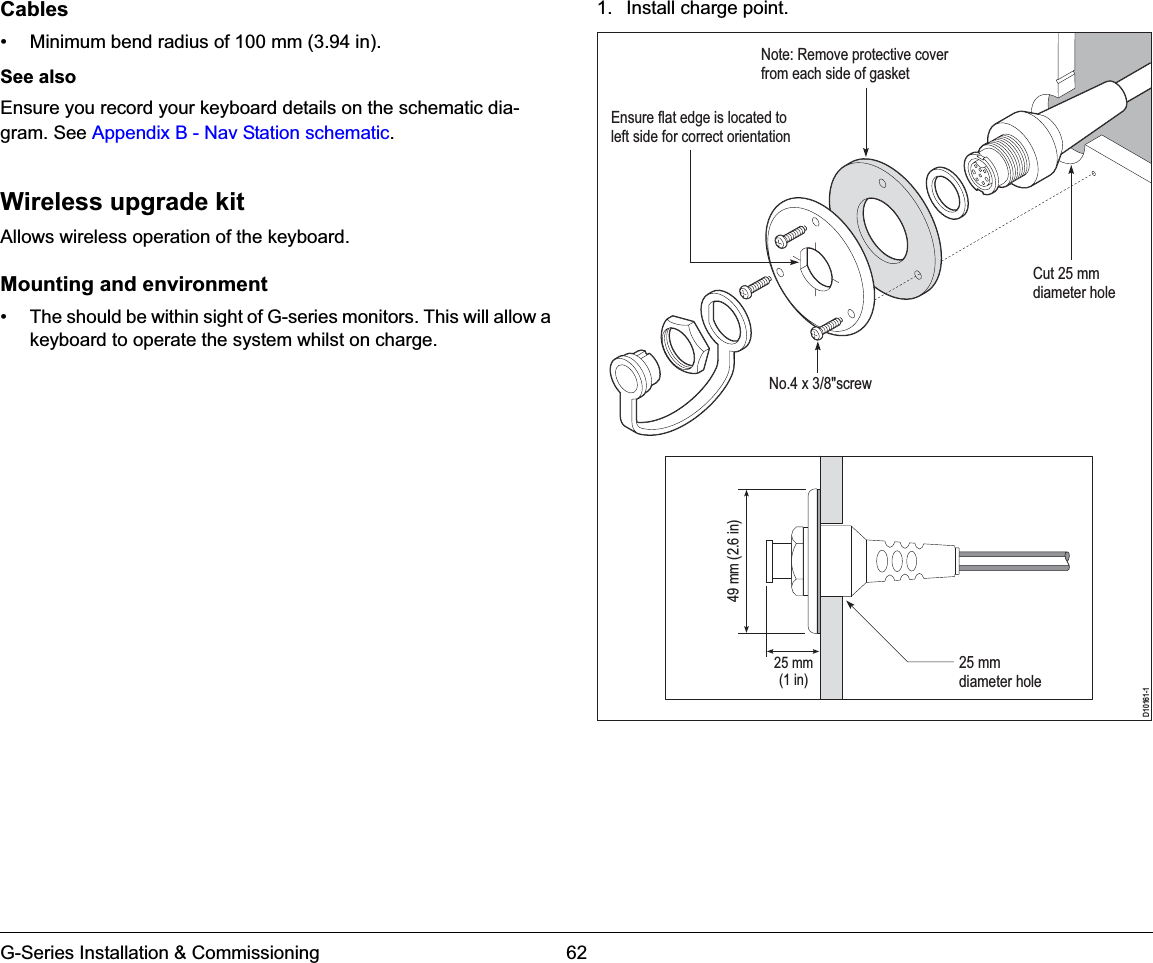 G-Series Installation &amp; Commissioning 62Cables• Minimum bend radius of 100 mm (3.94 in).See alsoEnsure you record your keyboard details on the schematic dia-gram. See Appendix B - Nav Station schematic.Wireless upgrade kitAllows wireless operation of the keyboard.Mounting and environment• The should be within sight of G-series monitors. This will allow a keyboard to operate the system whilst on charge.1. Install charge point.Ensure flat edge is located toleft side for correct orientation Note: Remove protective coverfrom each side of gasketNo.4 x 3/8&quot;screwCut 25 mmdiameter hole25 mmdiameter holeD10161-125 mm(1 in)49 mm (2.6 in)