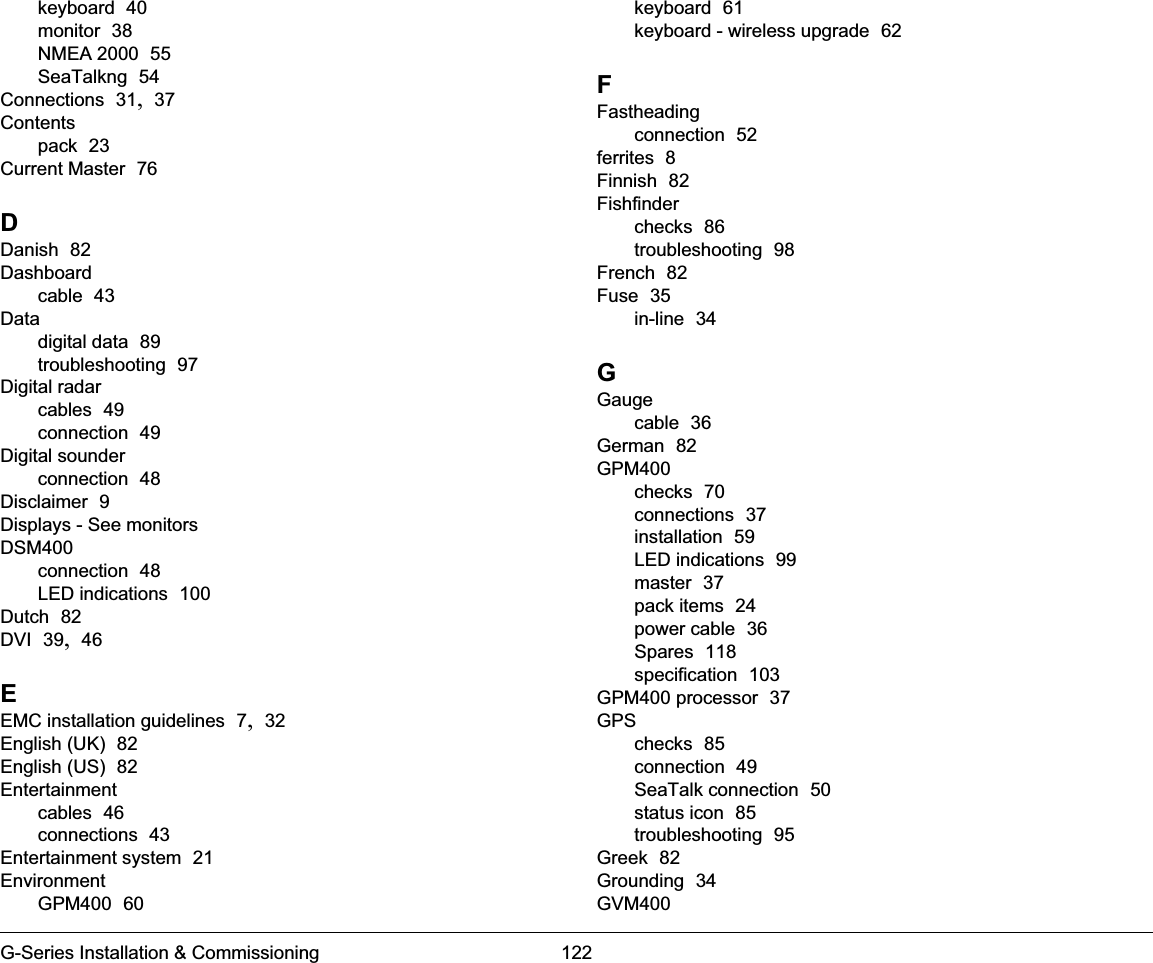 G-Series Installation &amp; Commissioning 122keyboard  40monitor  38NMEA 2000  55SeaTalkng  54Connections  31, 37Contentspack  23Current Master  76DDanish  82Dashboardcable  43Datadigital data  89troubleshooting  97Digital radarcables  49connection  49Digital sounderconnection  48Disclaimer  9Displays - See monitorsDSM400connection  48LED indications  100Dutch  82DVI  39, 46EEMC installation guidelines  7, 32English (UK)  82English (US)  82Entertainmentcables  46connections  43Entertainment system  21EnvironmentGPM400  60keyboard  61keyboard - wireless upgrade  62FFastheadingconnection  52ferrites  8Finnish  82Fishfinderchecks  86troubleshooting  98French  82Fuse  35in-line  34GGaugecable  36German  82GPM400checks  70connections  37installation  59LED indications  99master  37pack items  24power cable  36Spares  118specification  103GPM400 processor  37GPSchecks  85connection  49SeaTalk connection  50status icon  85troubleshooting  95Greek  82Grounding  34GVM400