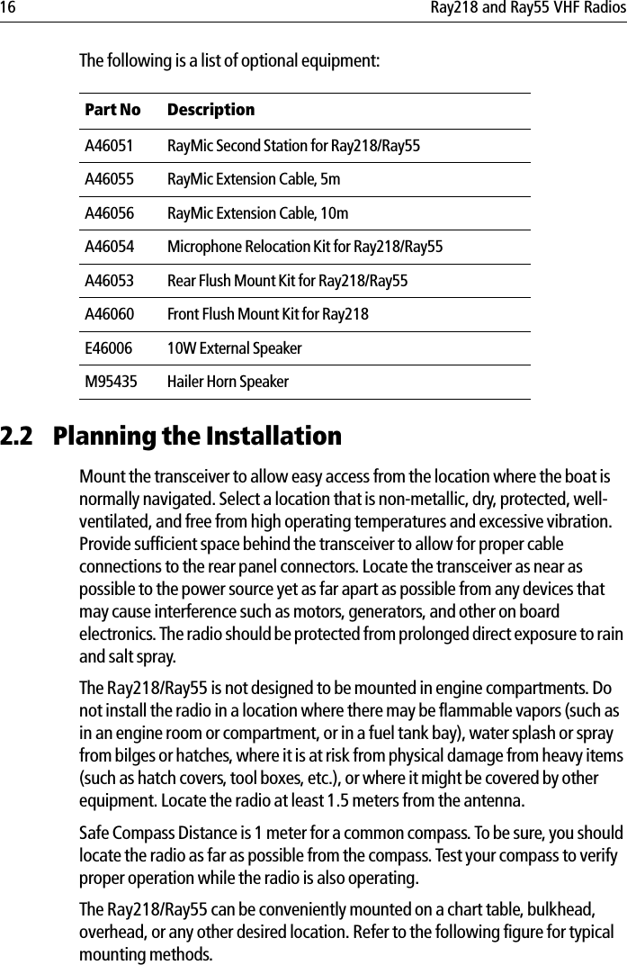 16 Ray218 and Ray55 VHF RadiosThe following is a list of optional equipment:2.2 Planning the InstallationMount the transceiver to allow easy access from the location where the boat is normally navigated. Select a location that is non-metallic, dry, protected, well-ventilated, and free from high operating temperatures and excessive vibration. Provide sufficient space behind the transceiver to allow for proper cable connections to the rear panel connectors. Locate the transceiver as near as possible to the power source yet as far apart as possible from any devices that may cause interference such as motors, generators, and other on board electronics. The radio should be protected from prolonged direct exposure to rain and salt spray.The Ray218/Ray55 is not designed to be mounted in engine compartments. Do not install the radio in a location where there may be flammable vapors (such as in an engine room or compartment, or in a fuel tank bay), water splash or spray from bilges or hatches, where it is at risk from physical damage from heavy items (such as hatch covers, tool boxes, etc.), or where it might be covered by other equipment. Locate the radio at least 1.5 meters from the antenna.Safe Compass Distance is 1 meter for a common compass. To be sure, you should locate the radio as far as possible from the compass. Test your compass to verify proper operation while the radio is also operating.The Ray218/Ray55 can be conveniently mounted on a chart table, bulkhead, overhead, or any other desired location. Refer to the following figure for typical mounting methods.Part No  DescriptionA46051 RayMic Second Station for Ray218/Ray55 A46055 RayMic Extension Cable, 5mA46056 RayMic Extension Cable, 10mA46054 Microphone Relocation Kit for Ray218/Ray55A46053 Rear Flush Mount Kit for Ray218/Ray55A46060 Front Flush Mount Kit for Ray218E46006 10W External SpeakerM95435 Hailer Horn Speaker