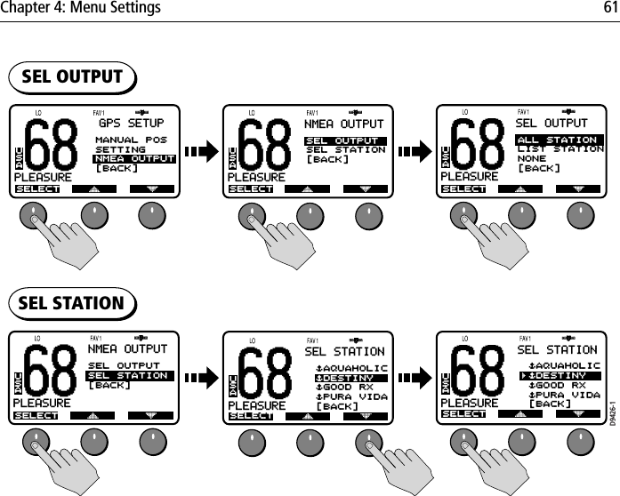 Chapter 4: Menu Settings 61            68PLEASUREBASELECT SELECT SELECTUSAGPS SETUPMANUAL POSSETTINGNMEA OUTPUT[BACK]68PLEASUREBAUSANMEA OUTPUTSEL OUTPUTSEL STATION[BACK]68PLEASUREBAUSASEL OUTPUTALL STATIONLIST STATIONNONE[BACK]SELECTD9426-168PLEASUREBAUSASEL STATION $AQUAHOLIC$DESTINY $GOOD RX $PURA VIDA[BACK]SELECT68PLEASUREBAUSANMEA OUTPUTSEL OUTPUTSEL STATION[BACK]SELECT68PLEASUREBAUSASEL STATION $AQUAHOLIC$DESTINY $GOOD RX $PURA VIDA[BACK]SEL OUTPUTSEL STATION