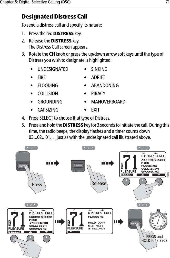 Chapter 5: Digital Selective Calling (DSC) 71Designated Distress CallTo send a distress call and specify its nature:1. Press the red DISTRESS key.2. Release the DISTRESS key. The Distress Call screen appears.3. Rotate the CH knob or press the up/down arrow soft keys until the type of Distress you wish to designate is highlighted:4. Press SELECT to choose that type of Distress.5. Press and hold the DISTRESS key for 3 seconds to initiate the call. During this time, the radio beeps, the display flashes and a timer counts down 03...02...01... , just as with the undesignated call illustrated above.            • UNDESIGNATED  • SINKING• FIRE  • ADRIFT• FLOODING  • ABANDONING• COLLISION • PIRACY• GROUNDING • MANOVERBOARD• CAPSIZING  • EXIT71BBUSADISTRES CALLSELECTUNDESIGNATEDFIREFLOODINGCOLLISIONGROUNDINGPLEASURE71BBUSADISTRES CALLSELECTUNDESIGNATEDFIREFLOODINGCOLLISIONGROUNDINGPLEASURE71BBUSADISTRES CALLEXITFLOODINGHOLD DOWNDISTRESS3 SECONDSPLEASURED9255-1ReleasePressHOLD for 3 SECSPRESS and