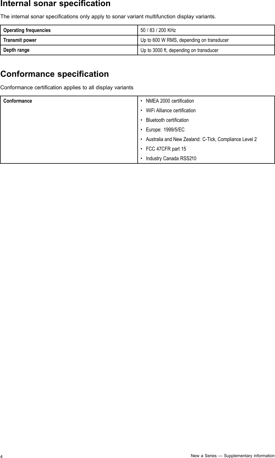 InternalsonarspecicationTheinternalsonarspecicationsonlyapplytosonarvariantmultifunctiondisplayvariants.Operatingfrequencies50/83/200KHzTransmitpowerUpto600WRMS,dependingontransducerDepthrangeUpto3000ft,dependingontransducerConformancespecicationConformancecerticationappliestoalldisplayvariantsConformance•NMEA2000certication•WiFiAlliancecertication•Bluetoothcertication•Europe:1999/5/EC•AustraliaandNewZealand:C-Tick,ComplianceLevel2•FCC47CFRpart15•IndustryCanadaRSS2104NewaSeries—Supplementaryinformation