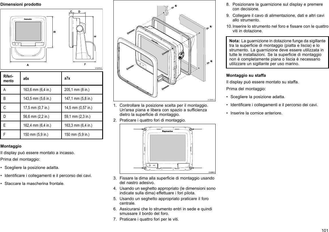 DimensioniprodottoD12579-2ADCF   BERiferi-mentoa6xa7xA163,6mm(6,4in.)205,1mm(8in.)B143,5mm(5,6in.)147,1mm(5,8in.)C17,5mm(0,7in.)14,5mm(0,57in.)D56,6mm(2,2in.)59,1mm(2,3in.)E162,4mm(6,4in.)163,3mm(6,4in.)F150mm(5,9in.)150mm(5,9in.)MontaggioIldisplaypuòesseremontatoaincasso.Primadelmontaggio:•Sceglierelaposizioneadatta.•Identicareicollegamentieilpercorsodeicavi.•Staccarelamascherinafrontale.D12585-201.Controllarelaposizionesceltaperilmontaggio.Un&apos;areapianaeliberaconspazioasufcienzadietrolasuperciedimontaggio.2.Praticareiquattroforidimontaggio.D12 588 -10000003.Fissareladimaallasuperciedimontaggiousandodelnastroadesivo.4.Usandounseghettoappropriato(ledimensionisonoindicatesulladima)effettuareiforipilota.5.Usandounseghettoappropriatopraticareilforocentrale.6.Assicurarsichelostrumentoentriinsedeequindismussareilbordodelforo.7.Praticareiquattroforiperleviti.8.Posizionarelaguarnizionesuldisplayepremerecondecisione.9.Collegareilcavodialimentazione,datiealtricaviallostrumento.10.Inserirelostrumentonelforoessareconlequattrovitiindotazione.Nota:Laguarnizioneindotazionefungedasigillantetralasuperciedimontaggio(piattaeliscia)elostrumento.Laguarnizionedeveessereutilizzataintutteleinstallazioni.Selasuperciedimontaggiononècompletamentepianaolisciaènecessarioutilizzareunsigillanteperusomarino.MontaggiosustaffaIldisplaypuòesseremontatosustaffa.Primadelmontaggio:•Sceglierelaposizioneadatta.•Identicareicollegamentieilpercorsodeicavi.•Inserirelacorniceanteriore.101