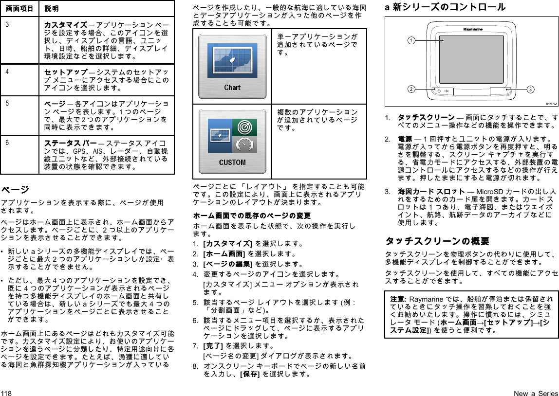 画 画画面 面面項 項項目 目目説 説説明 明明3カ カカス ススタ タタマ ママイ イイズ ズズ—アプリケーションページを設定する場合、このアイコンを選択し、ディスプレイの言語、ユニット、日時、船舶の詳細、ディスプレイ環境設定などを選択します。4セ セセッ ッット トトア アアッ ッップ ププ—システムのセットアップメニューにアクセスする場合にこのアイコンを選択します。5ペ ペペー ーージ ジジ—各アイコンはアプリケーションページを表します。1つのページで、最大で2つのアプリケーションを同時に表示できます。6ス スステ テテー ーータ タタス ススバ ババー ーー—ステータスアイコンでは、GPS、AIS、レーダー、自動操縦ユニットなど、外部接続されている装置の状態を確認できます。ペ ペペー ーージ ジジアプリケーションを表示する際に、ページが使用されます。ページはホーム画面上に表示され、ホーム画面からアクセスします。ページごとに、2つ以上のアプリケーションを表示させることができます。•新しいaシリーズの多機能ディスプレイでは、ページごとに最大2つのアプリケーションしか設定・表示することができません。•ただし、最大4つのアプリケーションを設定でき、既に4つのアプリケーションが表示されるページを持つ多機能ディスプレイのホーム画面と共有している場合は、新しいaシリーズでも最大4つのアプリケーションをページごとに表示させることができます。ホーム画面上にあるページはどれもカスタマイズ可能です。カスタマイズ設定により、お使いのアプリケーションを違うページに分類したり、特定用途向けに各ページを設定できます。たとえば、漁獲に適している海図と魚群探知機アプリケーションが入っているページを作成したり、一般的な航海に適している海図とデータアプリケーションが入った他のページを作成することも可能です。単一アプリケーションが追加されているページです。複数のアプリケーションが追加されているページです。ページごとに「レイアウト」を指定することも可能です。この設定により、画面上に表示されるアプリケーションのレイアウトが決まります。ホ ホホー ーーム ムム画 画画面 面面で ででの のの既 既既存 存存の ののペ ペペー ーージ ジジの のの変 変変更 更更ホーム画面を表示した状態で、次の操作を実行します。1.[カ カカス ススタ タタマ ママイ イイズ ズズ]を選択します。2.[ホ ホホー ーーム ムム画 画画面 面面]を選択します。3.[ペ ペペー ーージ ジジの のの編 編編集 集集]を選択します。4.変更するページのアイコンを選択します。[カスタマイズ]メニューオプションが表示されます。5.該当するページレイアウトを選択します(例：「分割画面」など)。6.該当するメニュー項目を選択するか、表示されたページにドラッグして、ページに表示するアプリケーションを選択します。7.[完 完完了 了了]を選択します。[ページ名の変更]ダイアログが表示されます。8.オンスクリーンキーボードでページの新しい名前を入力し、[保 保保存 存存]を選択します。a新 新新シ シシリ リリー ーーズ ズズの ののコ ココン ンント トトロ ロロー ーール ルルD12 577 -13121.タ タタッ ッッチ チチス ススク ククリ リリー ーーン ンン—画面にタッチすることで、すべてのメニュー操作などの機能を操作できます。2.電 電電源 源源—1回押すとユニットの電源が入ります。電源が入ってから電源ボタンを再度押すと、明るさを調整する、スクリーンキャプチャを実行する、省電力モードにアクセスする、外部装置の電源コントロールにアクセスするなどの操作が行えます。押したままにすると電源が切れます。3.海 海海図 図図カ カカー ーード ドドス ススロ ロロッ ッット トト—MicroSDカードの出し入れをするためのカード扉を開きます。カードスロットは1つあり、電子海図、またはウェイポイント、航路、航跡データのアーカイブなどに使用します。タ タタッ ッッチ チチス ススク ククリ リリー ーーン ンンの のの概 概概要 要要タッチスクリーンを物理ボタンの代わりに使用して、多機能ディスプレイを制御することができます。タッチスクリーンを使用して、すべての機能にアクセスすることができます。注 注注意 意意:Raymarineでは、船舶が停泊または係留されているときにタッチ操作を習熟しておくことを強くお勧めいたします。操作に慣れるには、シミュレータモード(ホ ホホー ーーム ムム画 画画面 面面→[セ セセッ ッット トトア アアッ ッップ ププ]→[シ シシス スステ テテム ムム設 設設定 定定])を使うと便利です。118NewaSeries